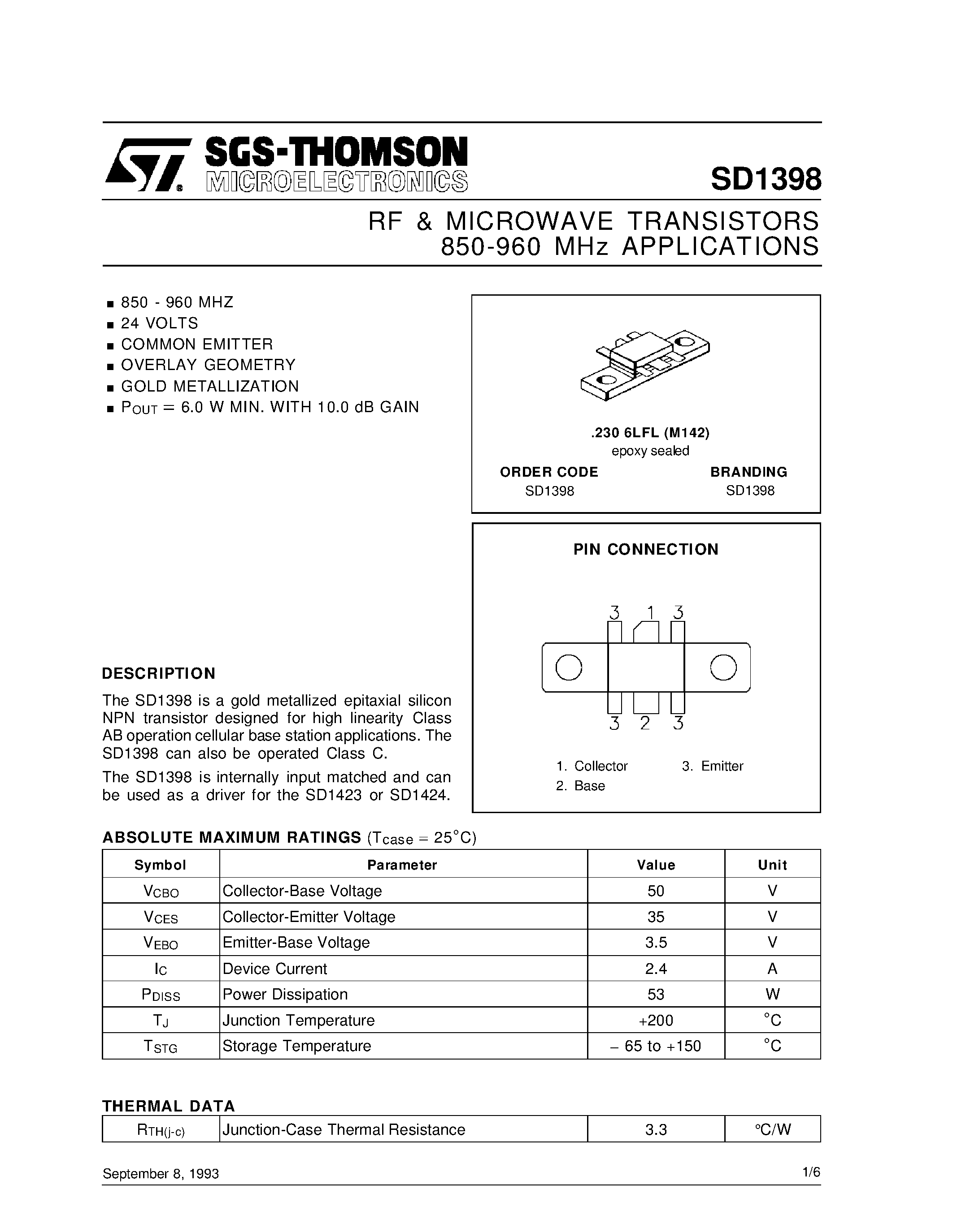 Даташит на микросхему 2SD1398 страница 1 Даташит 2SD1398 - RF & MICROWAVE TRANSISTORS 850-960 MHz APPLICATIONS страница 1
