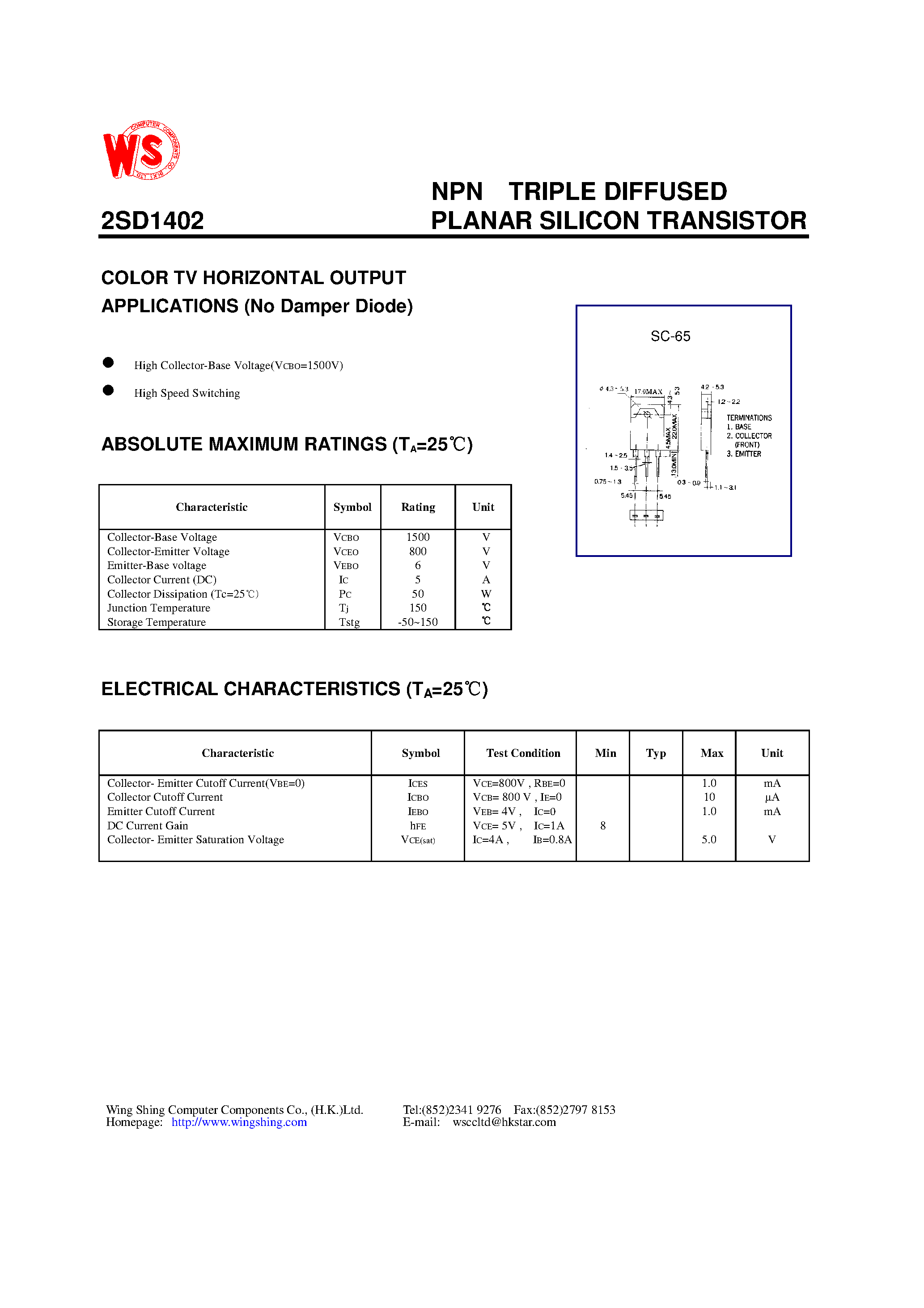 Datasheet 2SD1402 - NPN TRIPLE DIFFUSED(COLOR TV HORIZONTAL OUTPUT) page 1