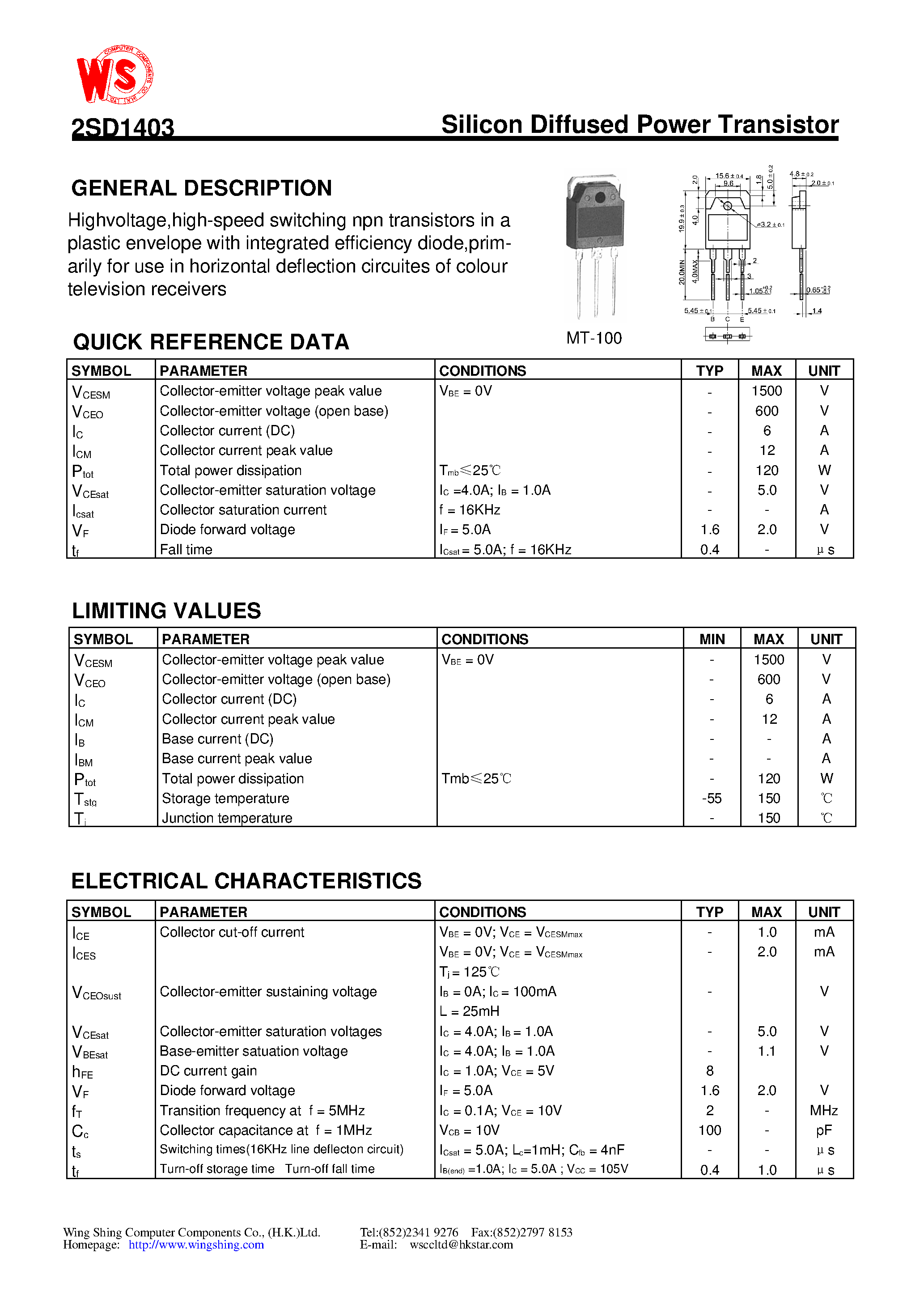 Datasheet 2SD1403 - Silicon Diffused Power Transistor(GENERAL DESCRIPTION) page 1