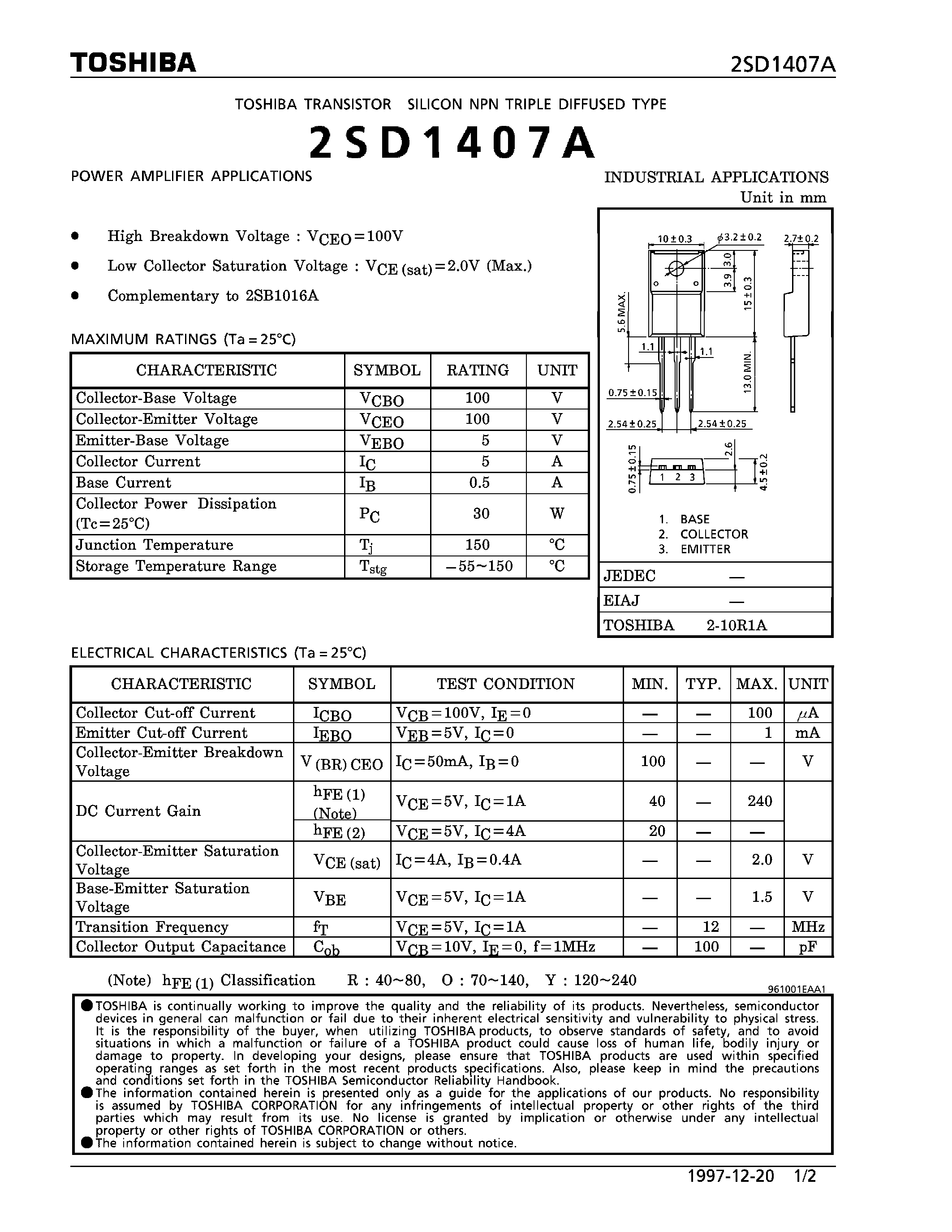 Datasheet 2SD1407A - NPN TRIPLE DIFFUSED TYPE (POWER AMPLIFIER APPLICATIONS) page 1