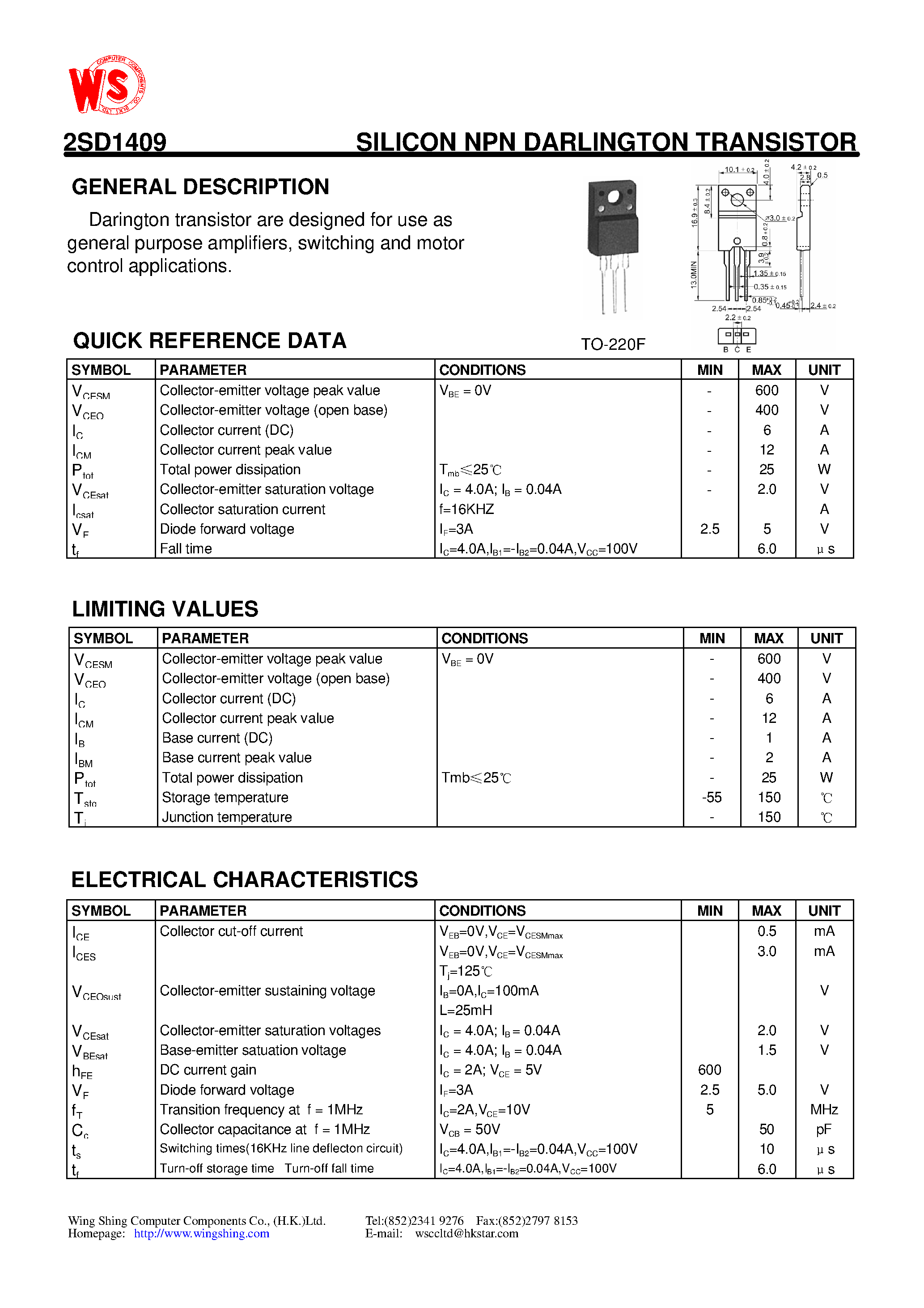 Datasheet 2SD1409 - SILICON NPN DARLINGTON TRANSISTOR(GENERAL DESCRIPTION) page 1