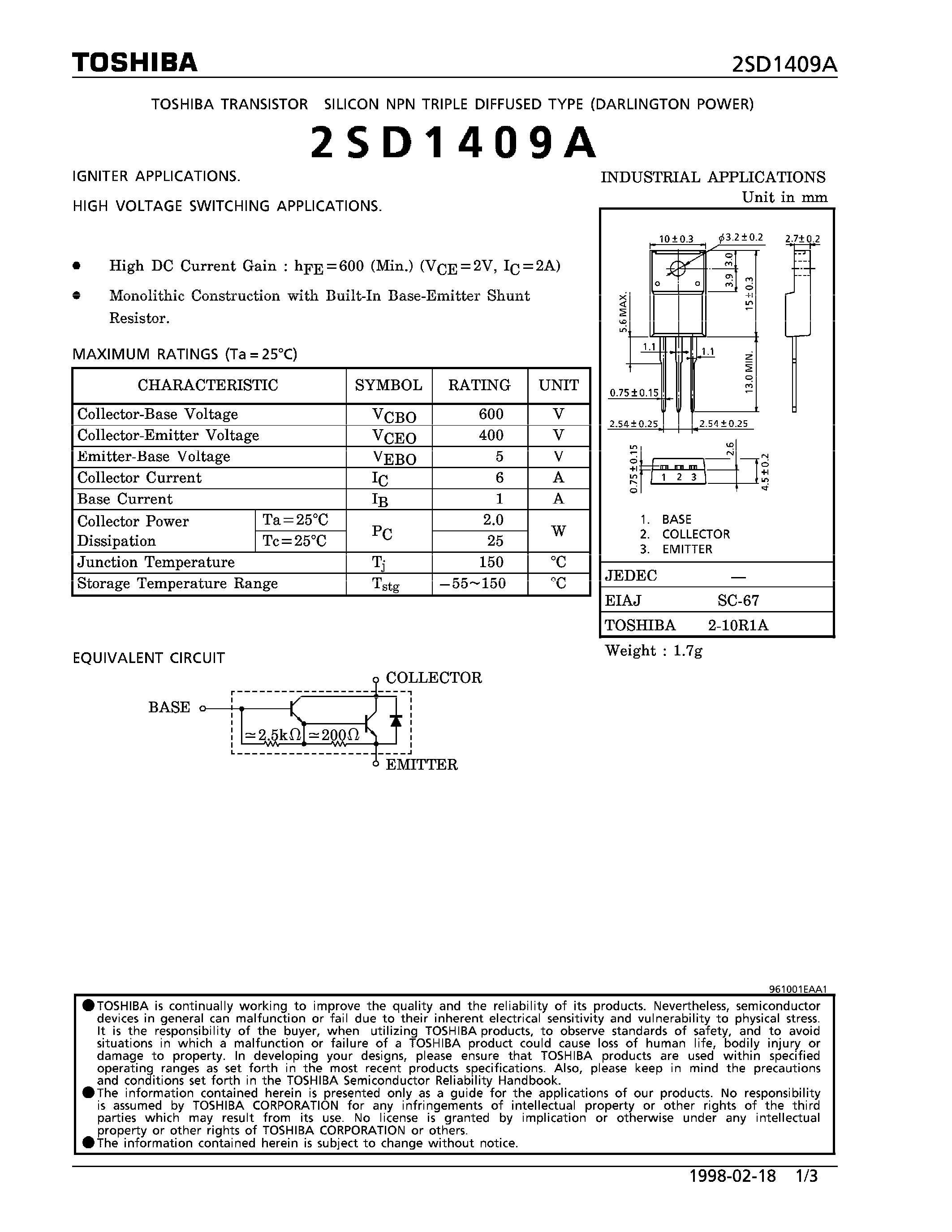 Datasheet 2SD1409A - NPN TRIPLE DIFFUSED TYPE (IGNITER/ HIGH VOLTAGE SWITCHING APPLICATIONS) page 1