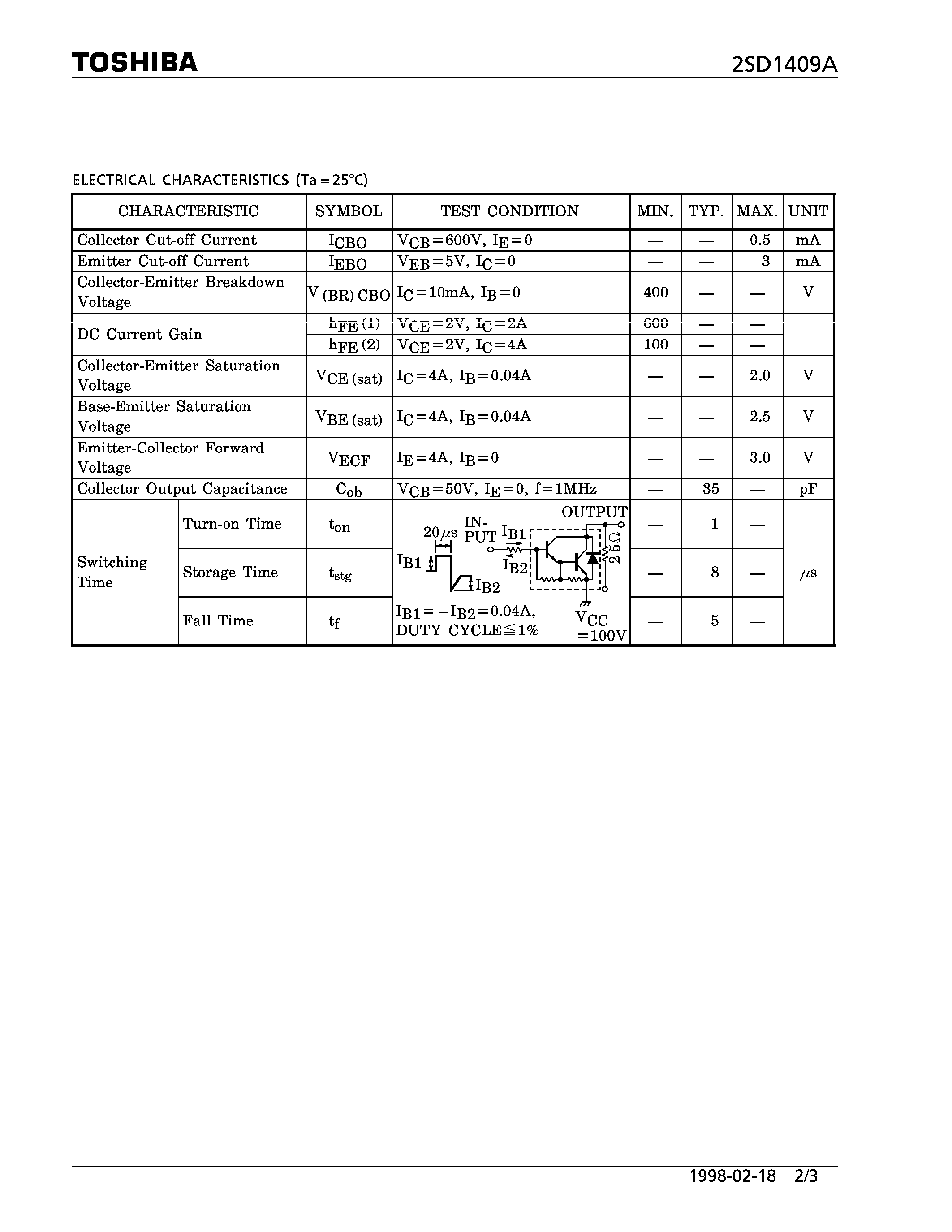 Datasheet 2SD1409A - NPN TRIPLE DIFFUSED TYPE (IGNITER/ HIGH VOLTAGE SWITCHING APPLICATIONS) page 2