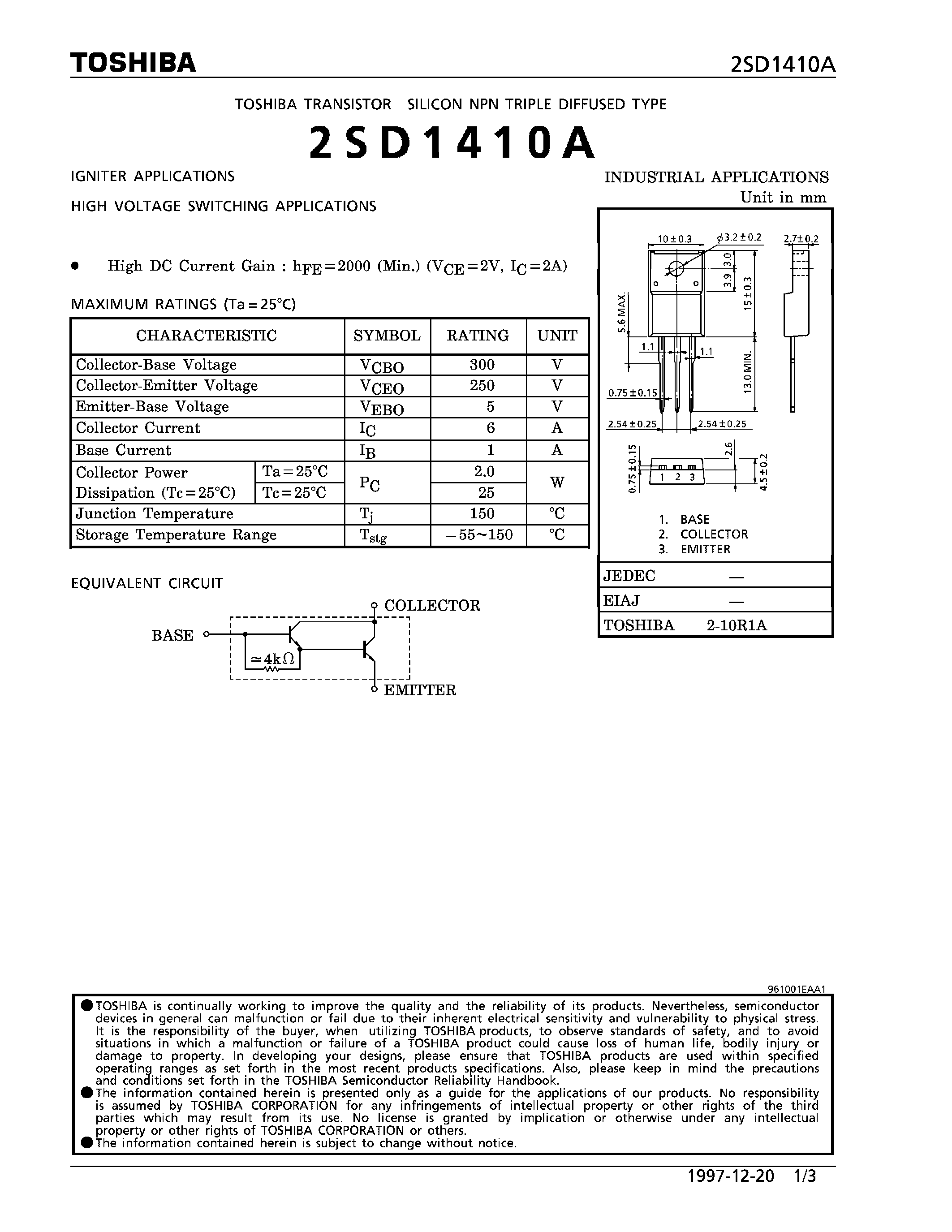 Datasheet 2SD1410A - NPN TRIPLE DIFFUSED TYPE (IGNITER/ HIGH VOLTAGE SWITCHING APPLICATIONS) page 1