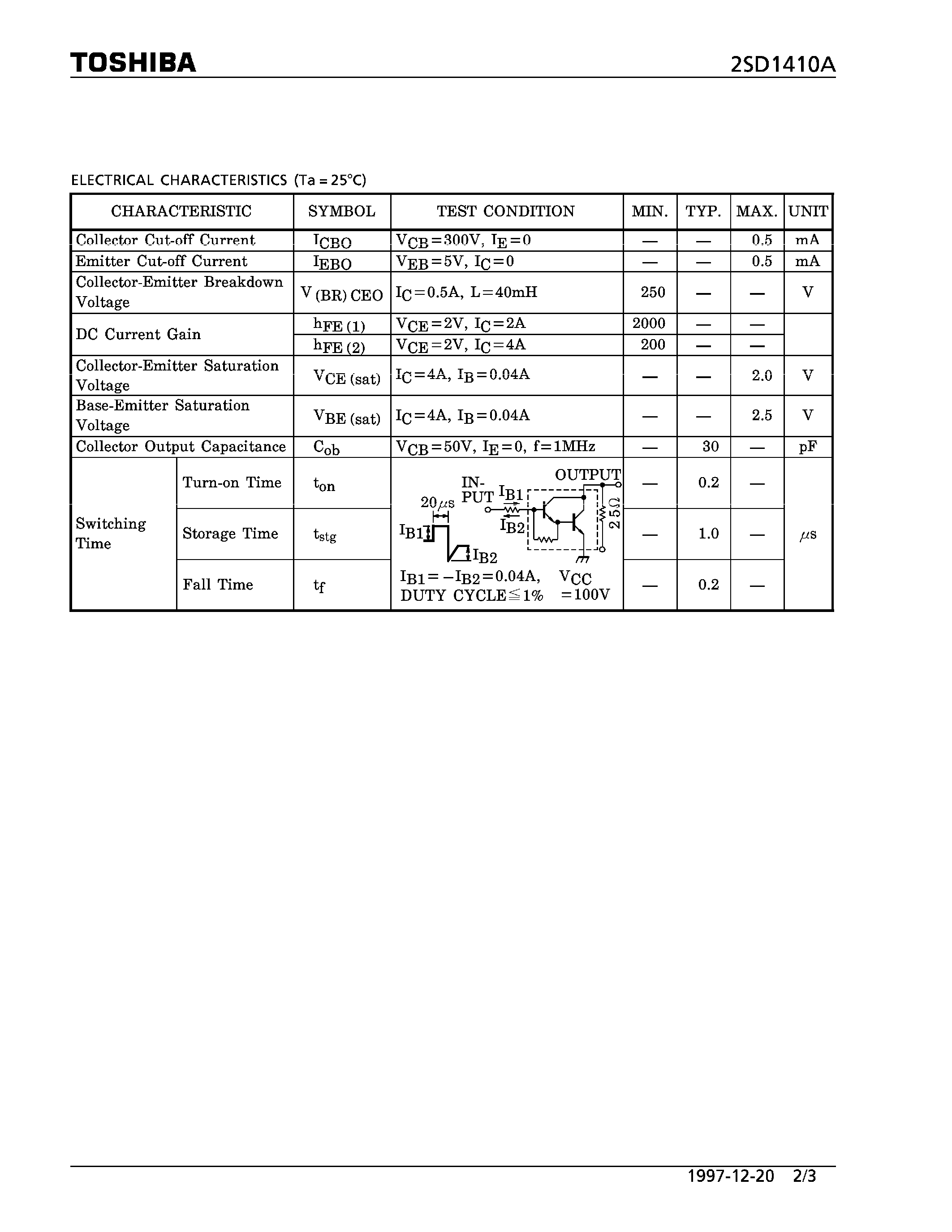 Datasheet 2SD1410A - NPN TRIPLE DIFFUSED TYPE (IGNITER/ HIGH VOLTAGE SWITCHING APPLICATIONS) page 2