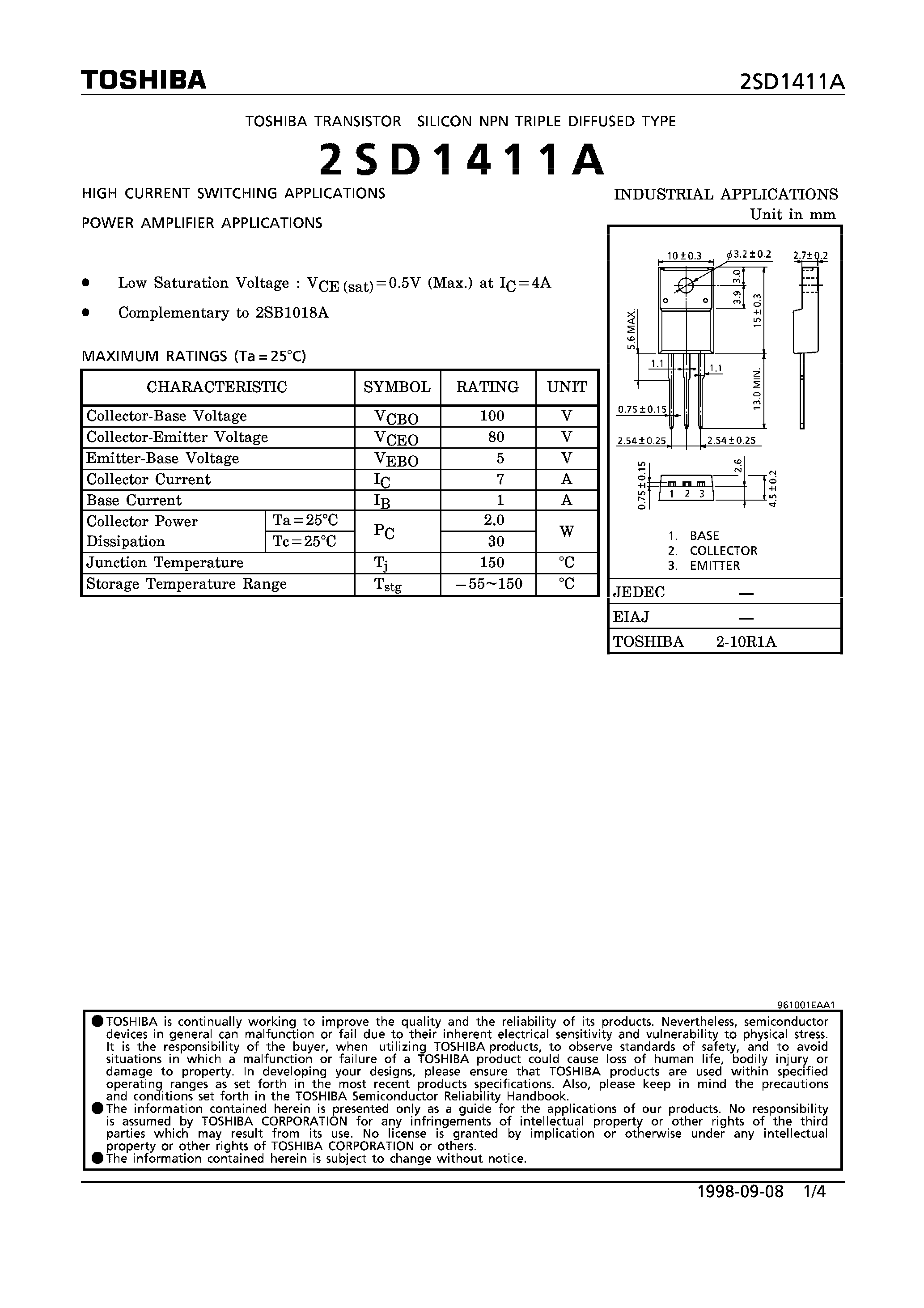 Datasheet 2SD1411A - NPN TRIPLE DIFFUSED TYPE (HIGH CURRENT SWITCHING/ POWER AMPLIFIER APPLICATIONS) page 1