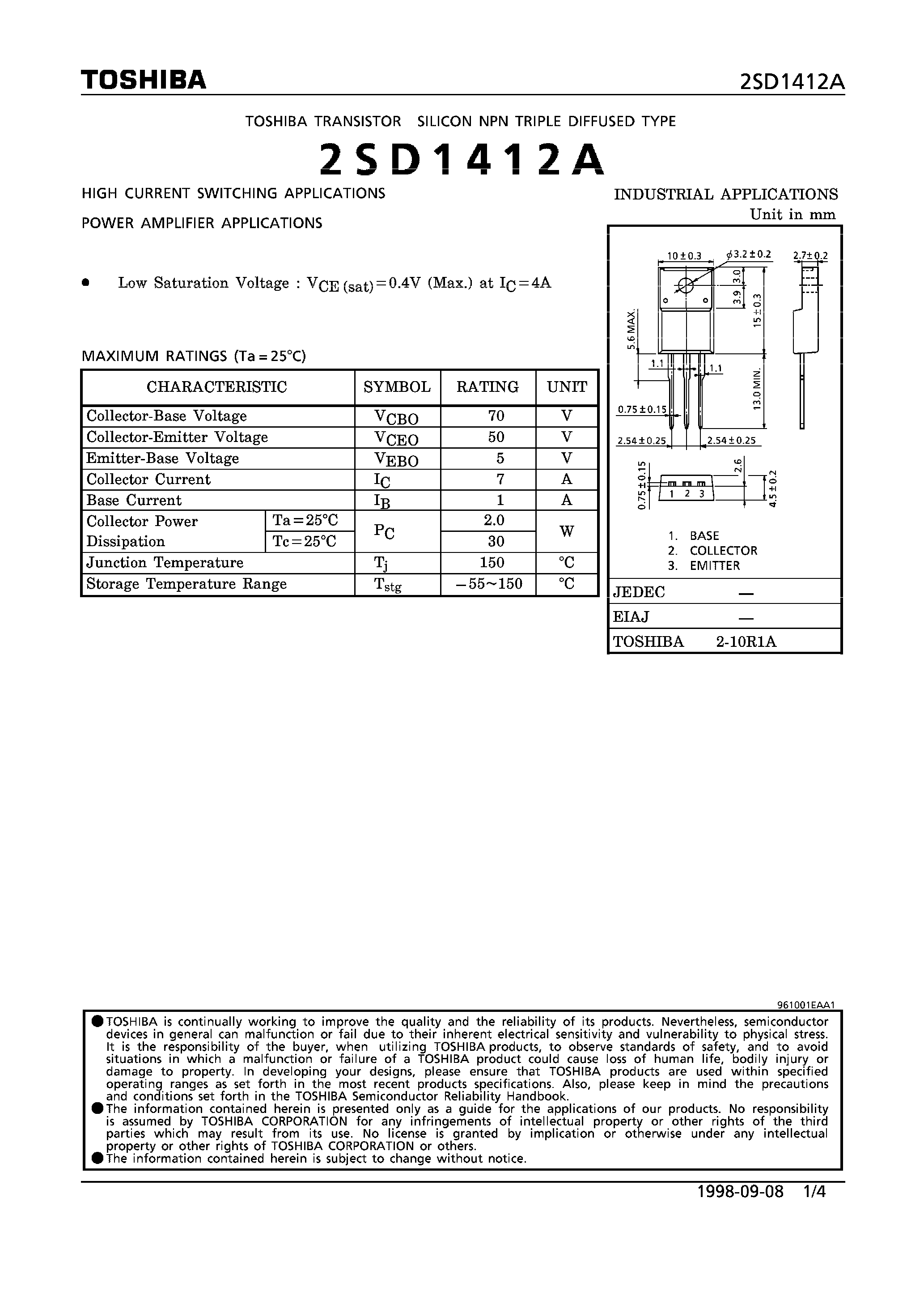 Datasheet 2SD1412A - NPN TRIPLE DIFFUSED TYPE (HIGH CURRENT SWITCHING/ POWER AMPLIFIER APPLICATIONS) page 1