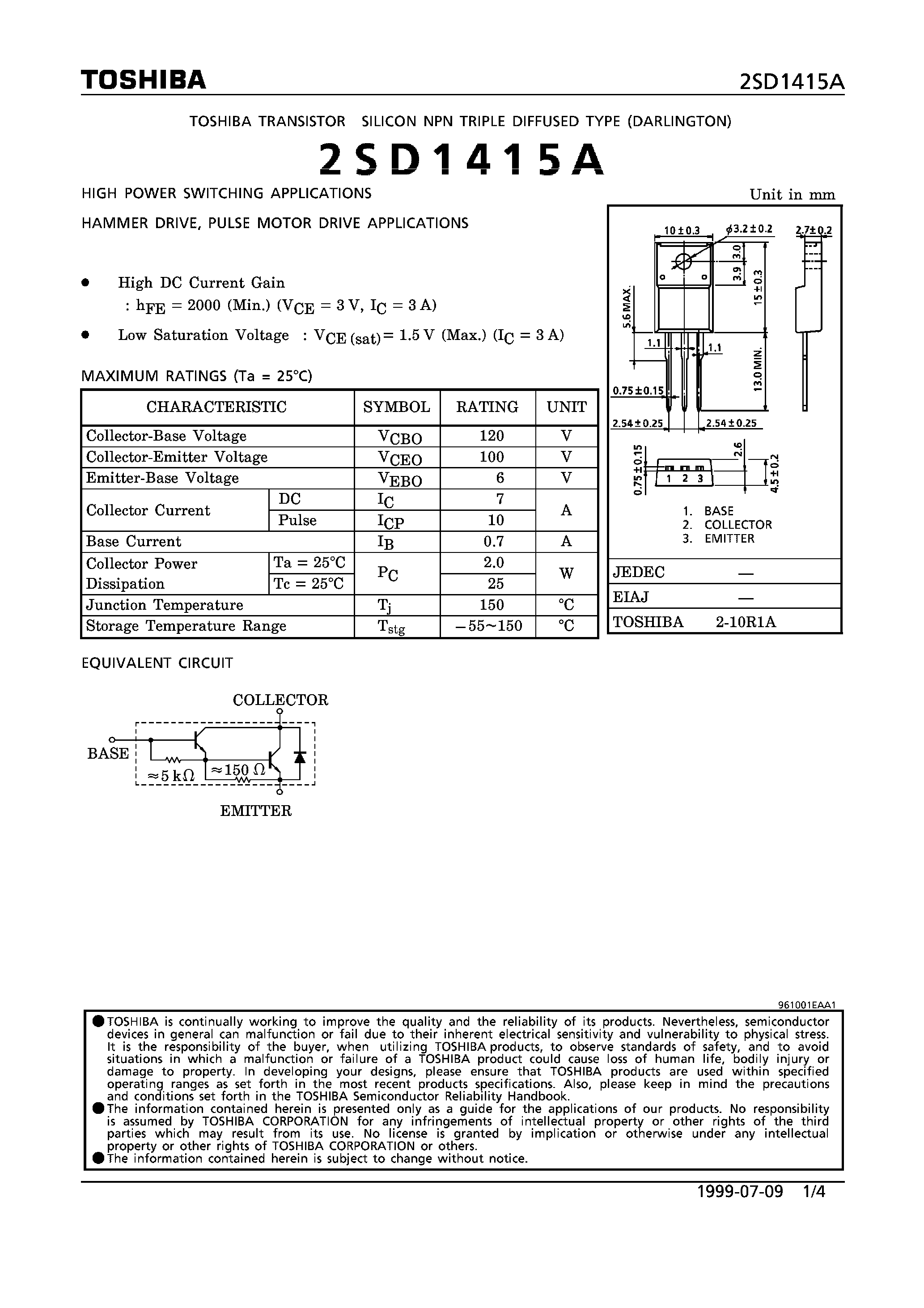 Datasheet 2SD1415A - NPN TRIPLE DIFFUSED TYPE (HIGH POWER SWITCHING/ HAMMER DRIVE/ PULSE MOTOR DRIVE APPLICATIONS) page 1