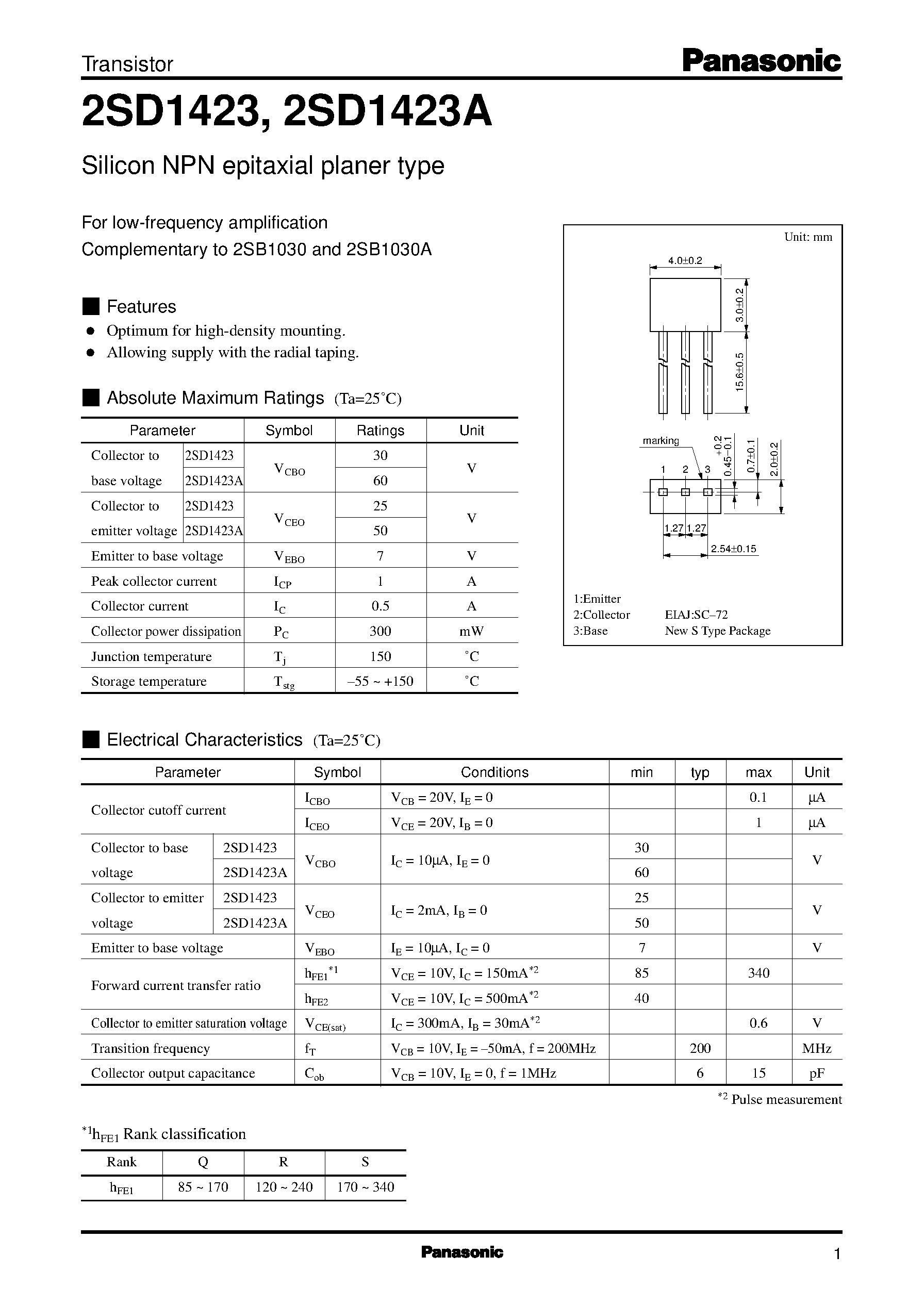 Datasheet 2SD1423 - Silicon NPN epitaxial planer type page 1