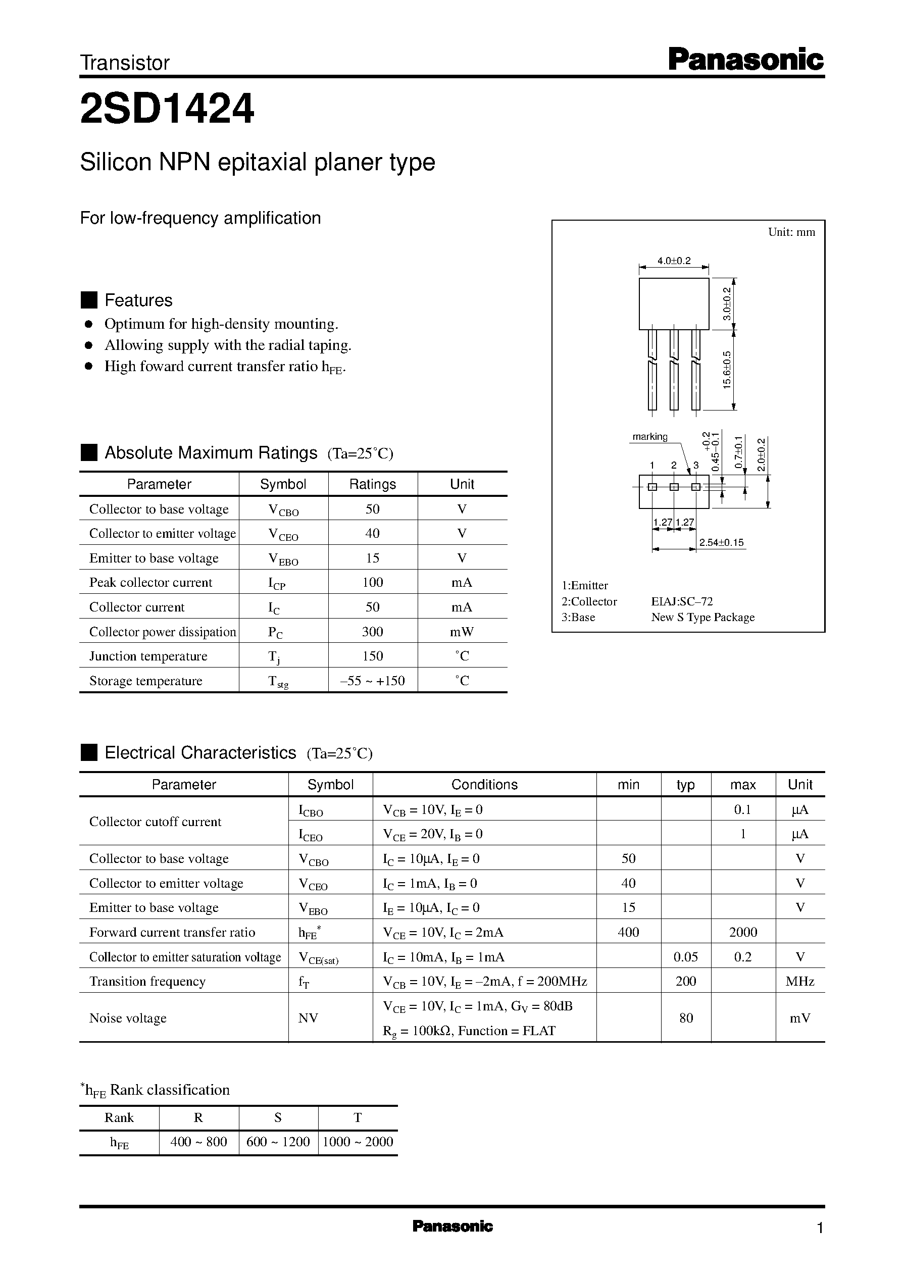Datasheet 2SD1424 - Silicon NPN epitaxial planer type(For low-frequency amplification) page 1