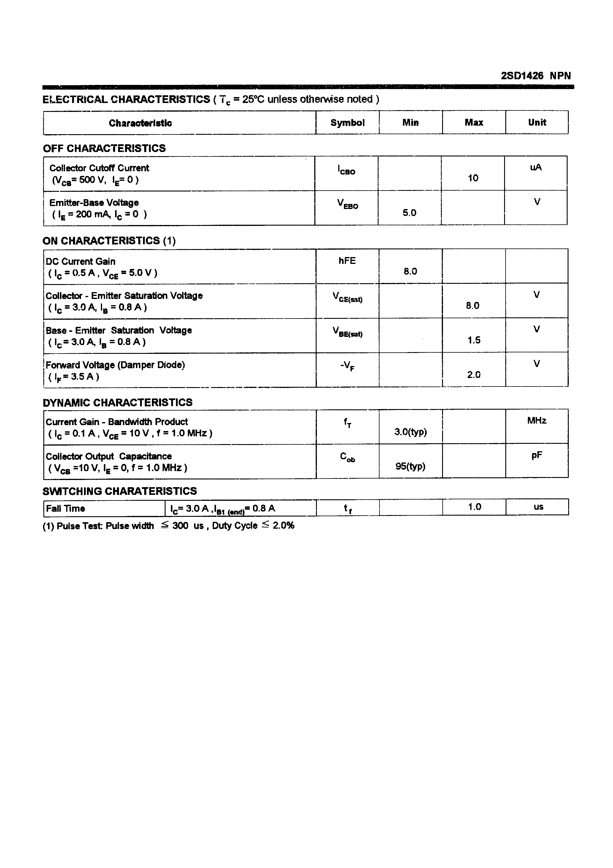 Datasheet 2SD1426 - POWER TRANSISTORS(3.5A/1500V/80W) page 2