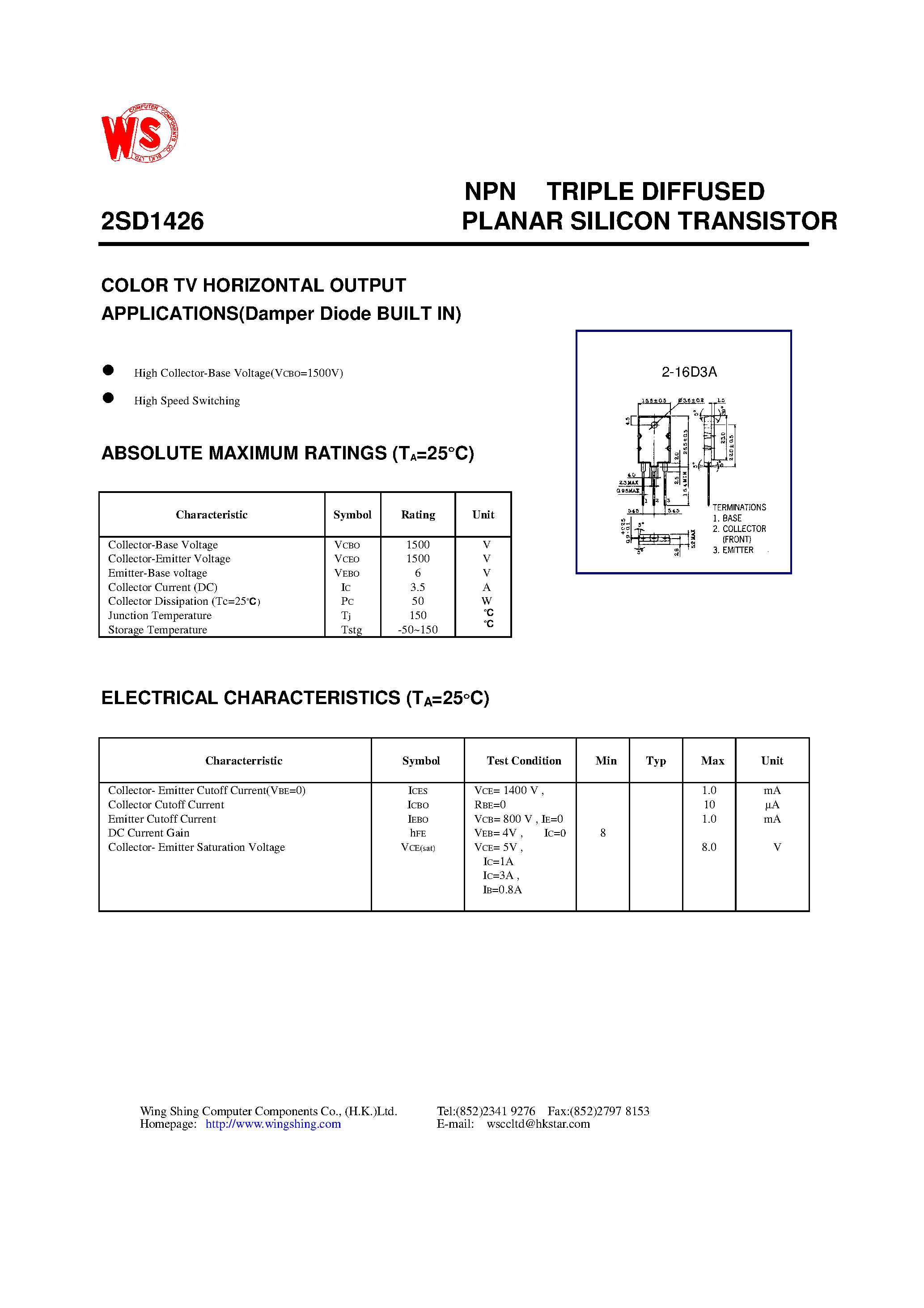 Datasheet 2SD1426 - NPN TRIPLE DIFFUSED PLANAR SILICON TRANSISTOR(COLOR TV HORIZONTAL OUTPUT APPLICATIONS) page 1