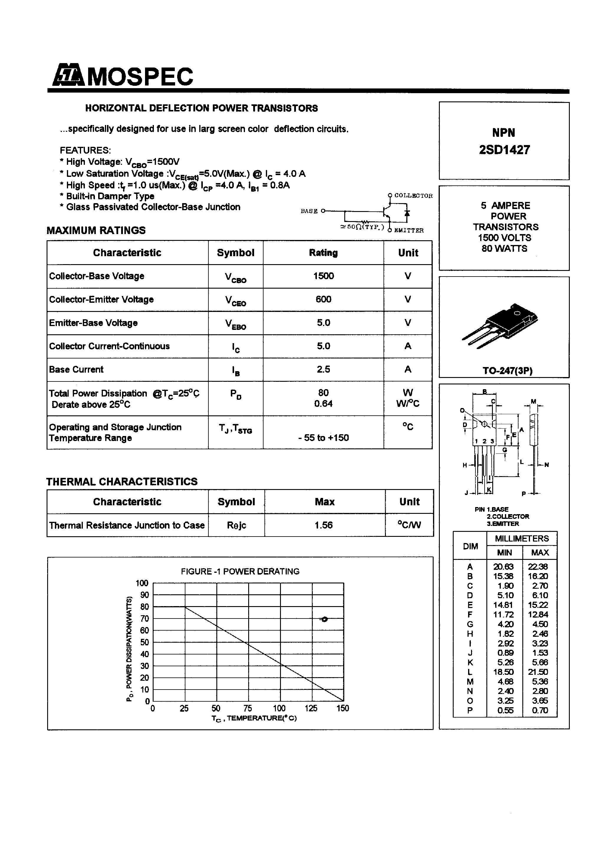 Datasheet 2SD1427 - HORIZONTAL DEFLECTION POWER TRANSISTOR page 1