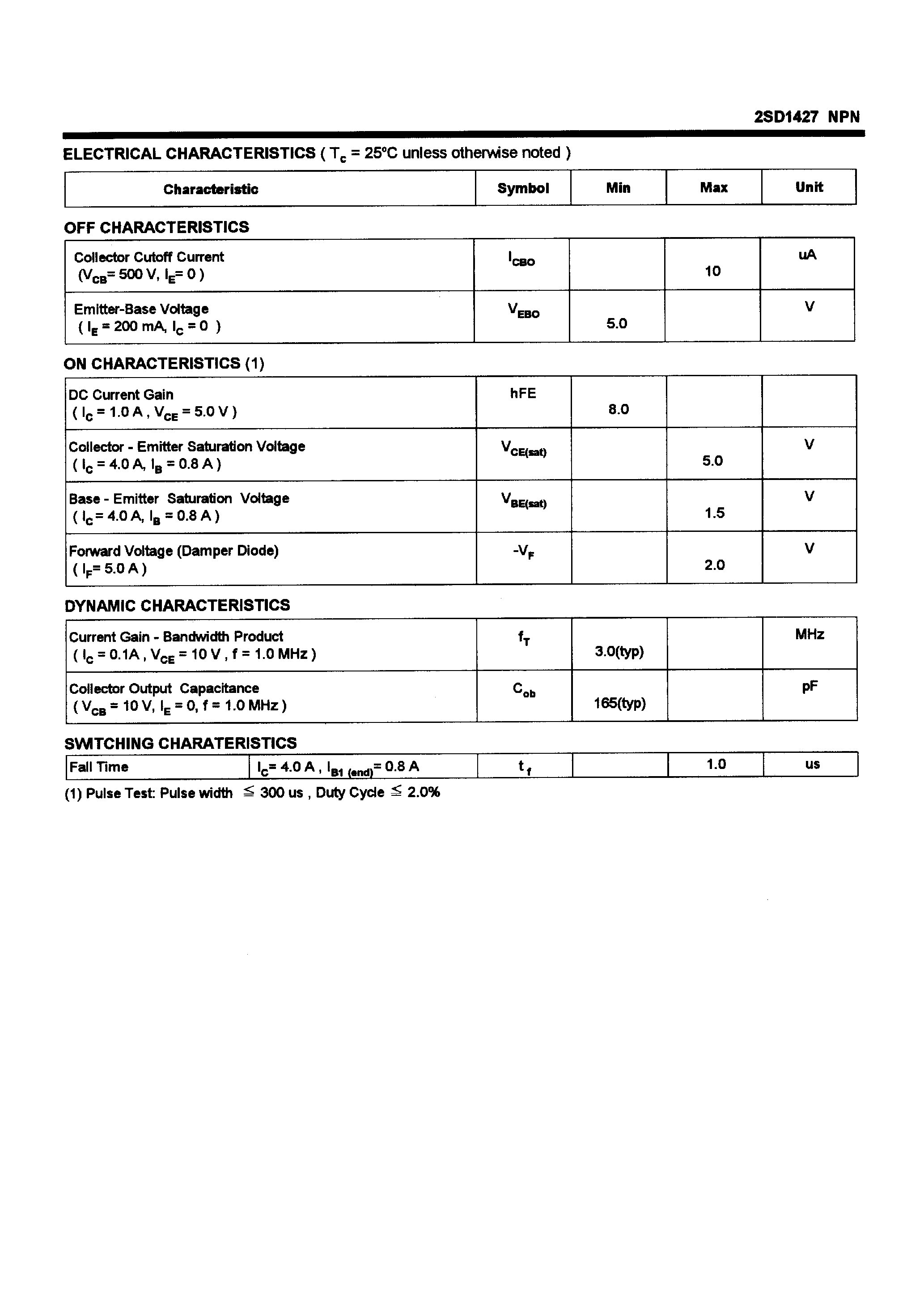 Datasheet 2SD1427 - HORIZONTAL DEFLECTION POWER TRANSISTOR page 2