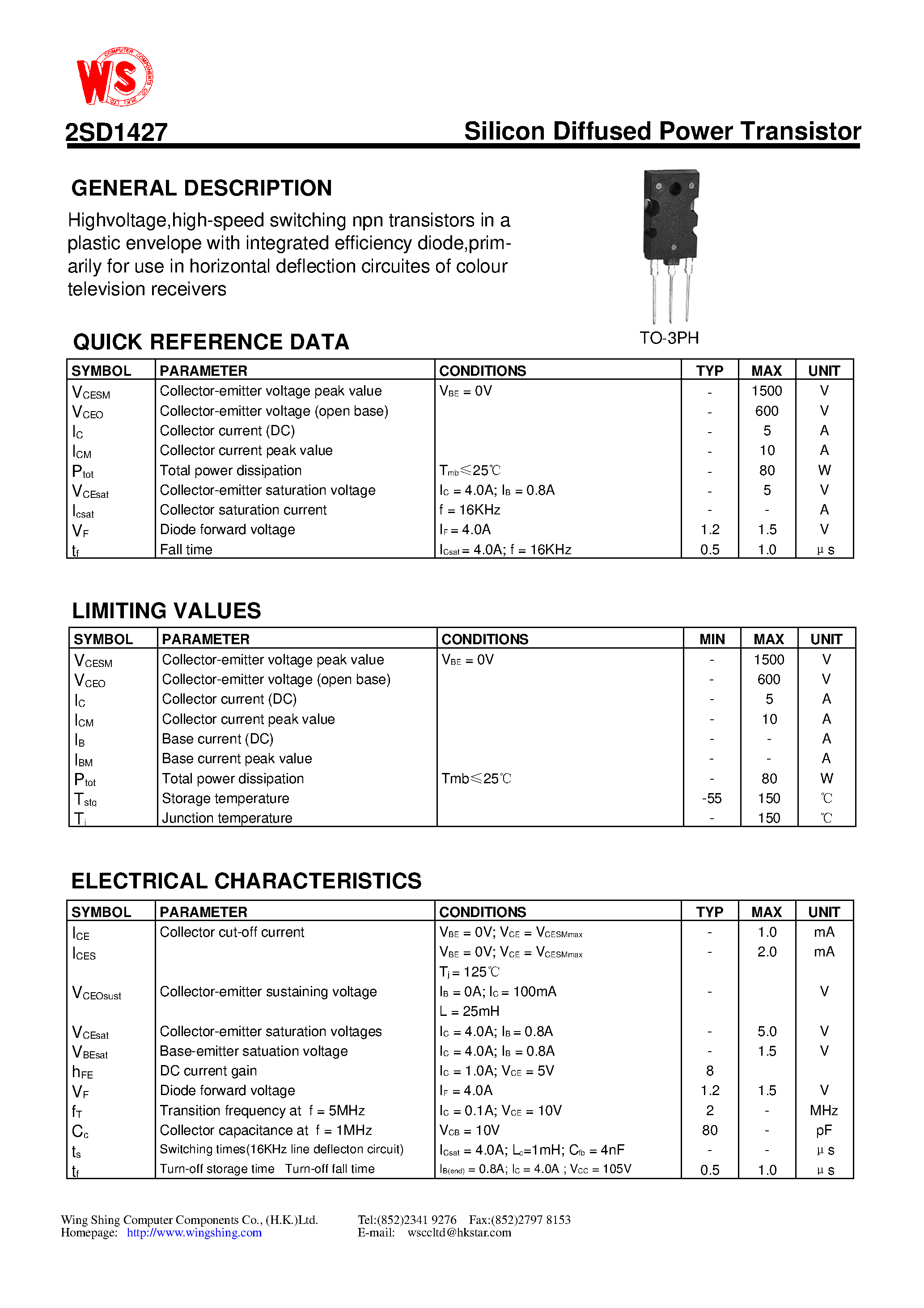 Datasheet 2SD1427 - Silicon Diffused Power Transistor(GENERAL DESCRIPTION) page 1