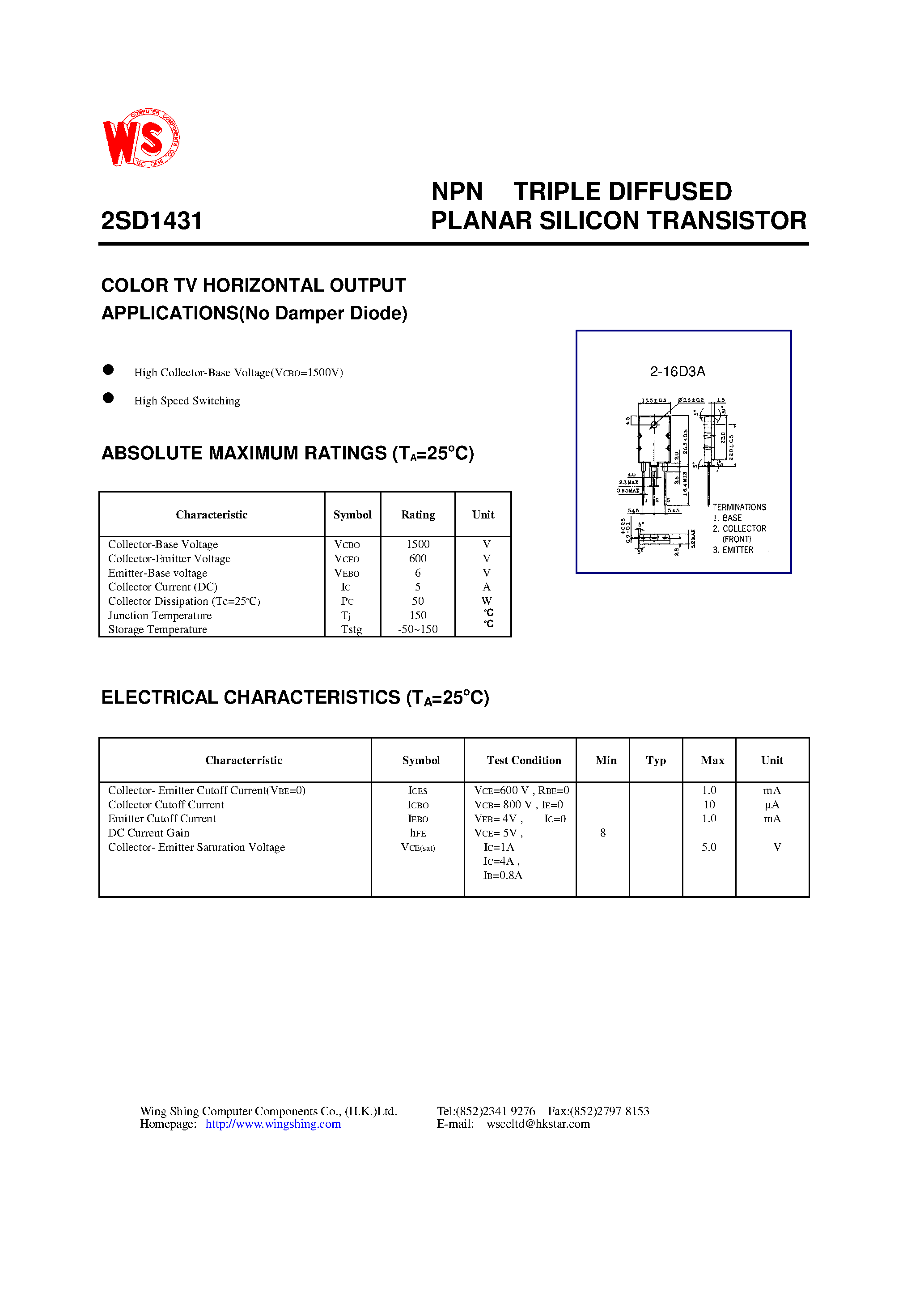 Datasheet 2SD1431 - NPN TRIPLE DIFFUSED PLANAR SILICON TRANSISTOR(COLOR TV HORIZONTAL OUTPUT APPLICATIONS) page 1