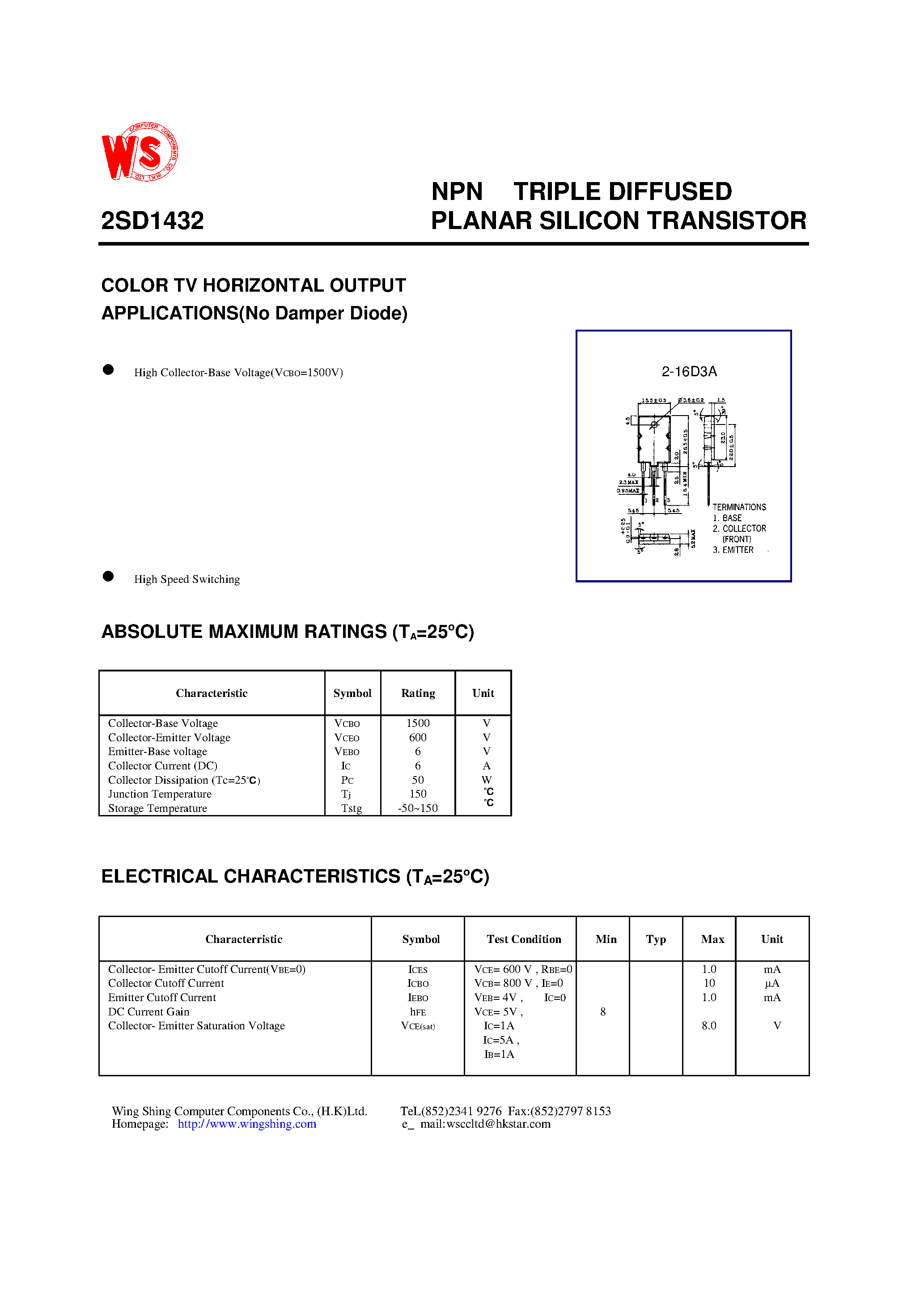 Datasheet 2SD1432 - NPN TRIPLE DIFFUSED PLANAR SILICON TRANSISTOR(COLOR TV HORIZONTAL OUTPUT APPLICATIONS) page 1