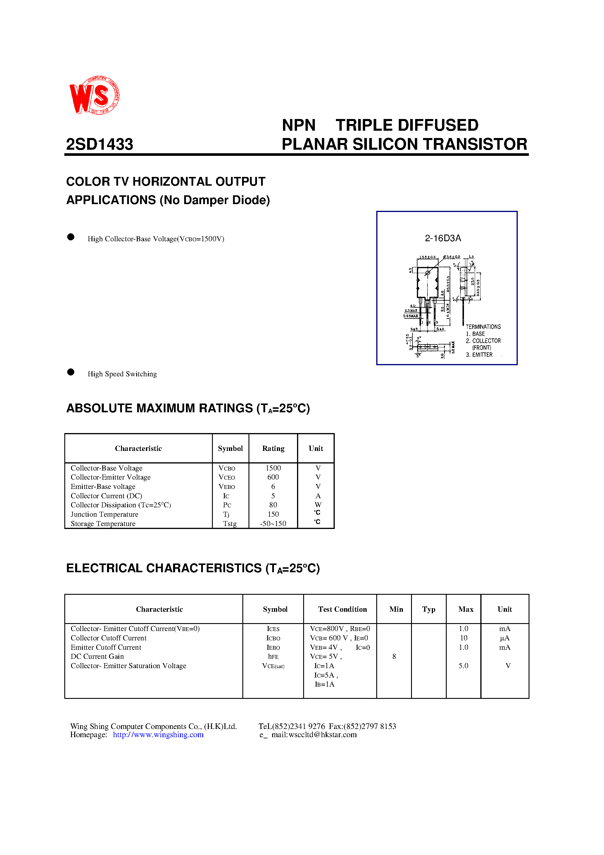 Datasheet 2SD1433 - NPN TRIPLE DIFFUSED PLANAR SILICON TRANSISTOR(COLOR TV HORIZONTAL OUTPUT APPLICATIONS) page 1
