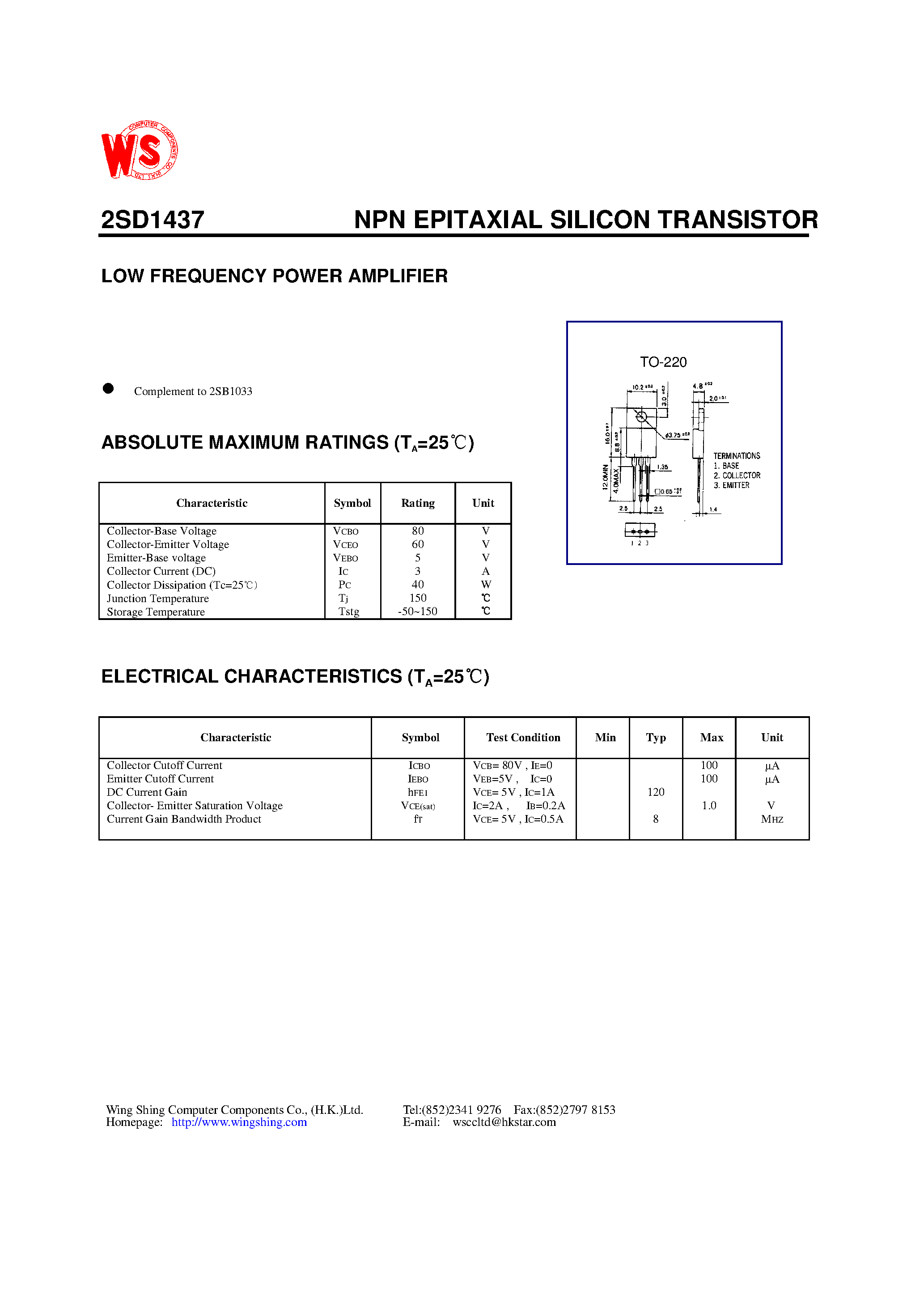Datasheet 2SD1437 - NPN EPITAXIAL SILICON TRANSISTOR(LOW FREQUENCY POWER AMPLIFIER) page 1
