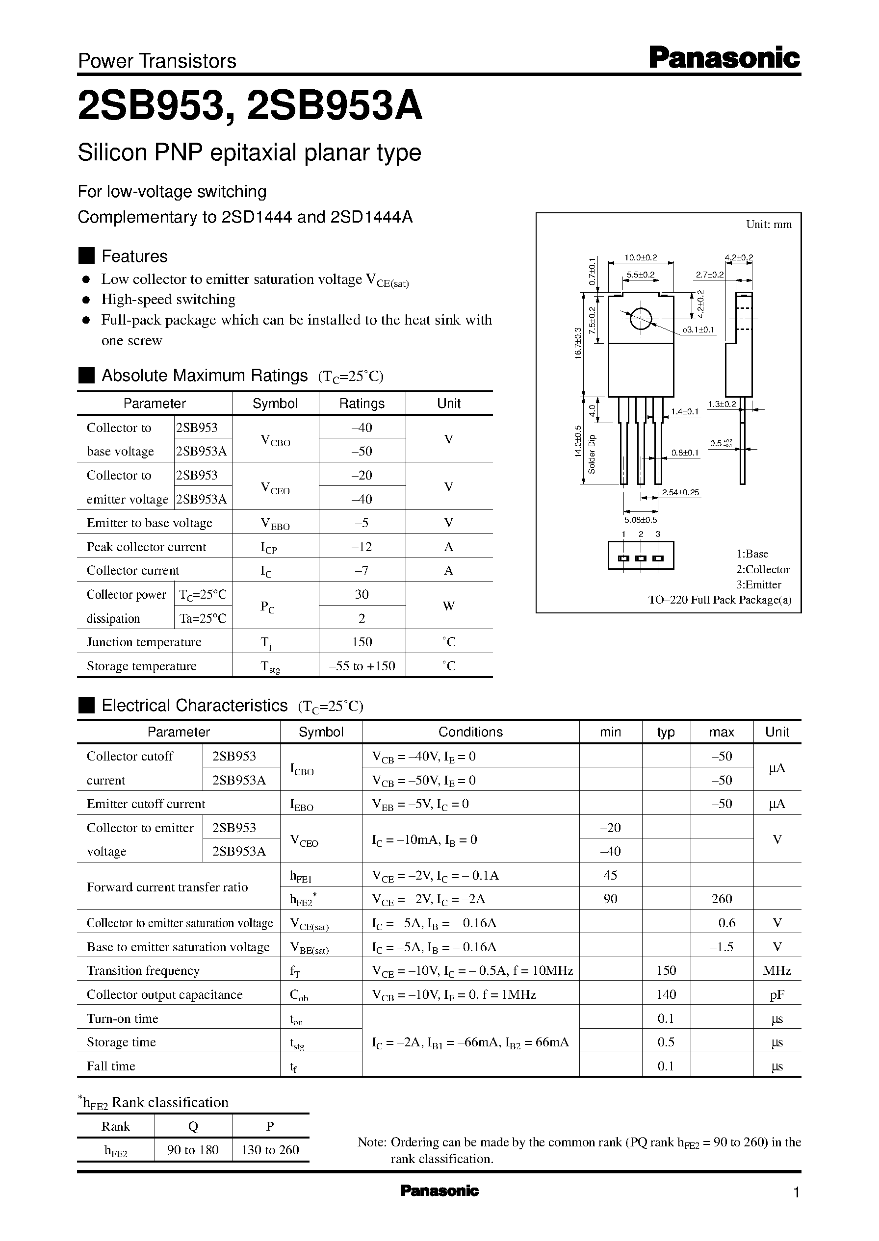 Datasheet 2SD1444 - Silicon PNP epitaxial planar type(For low-voltage switching) page 1