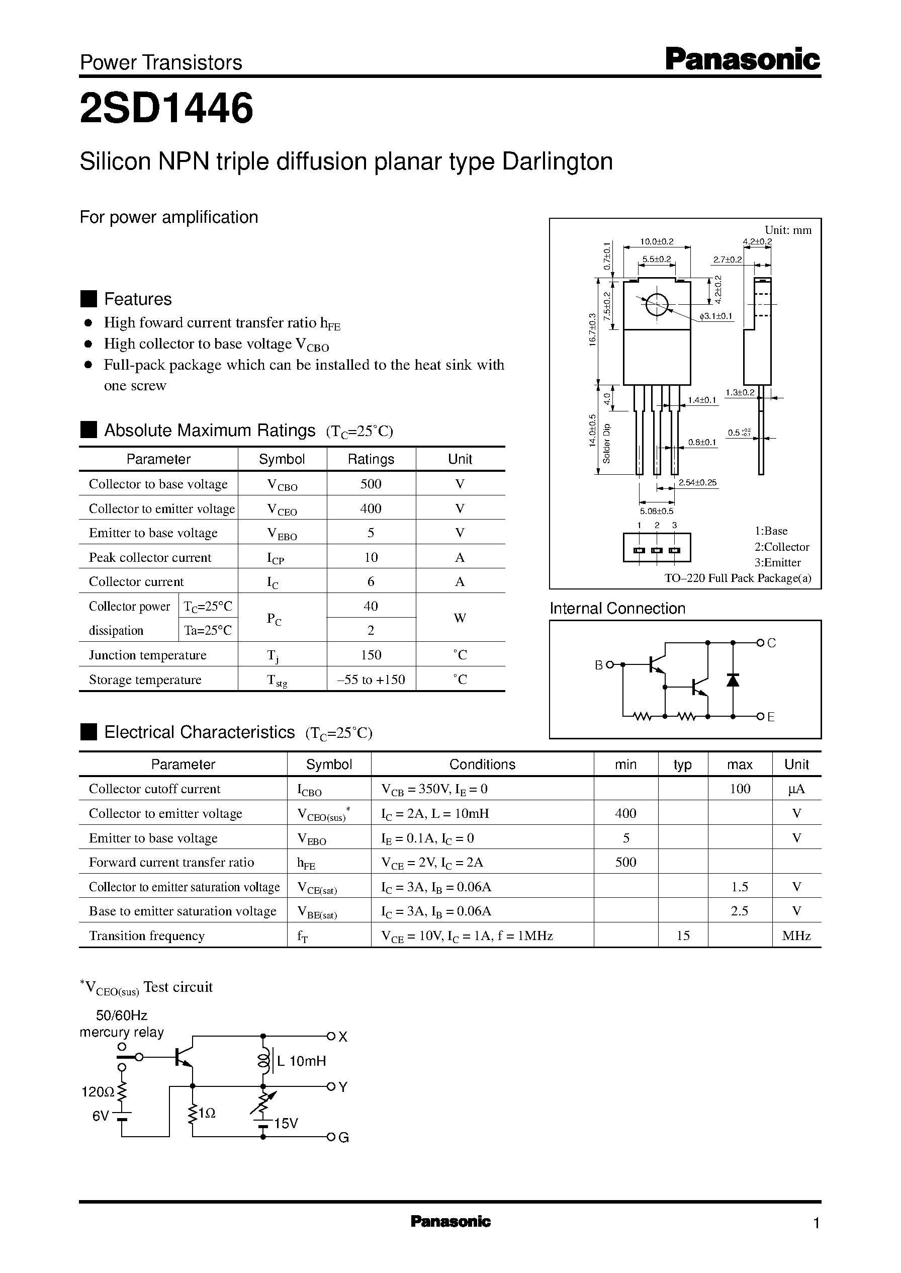 Datasheet 2SD1446 - Silicon NPN triple diffusion planar type Darlington(For power amplification) page 1