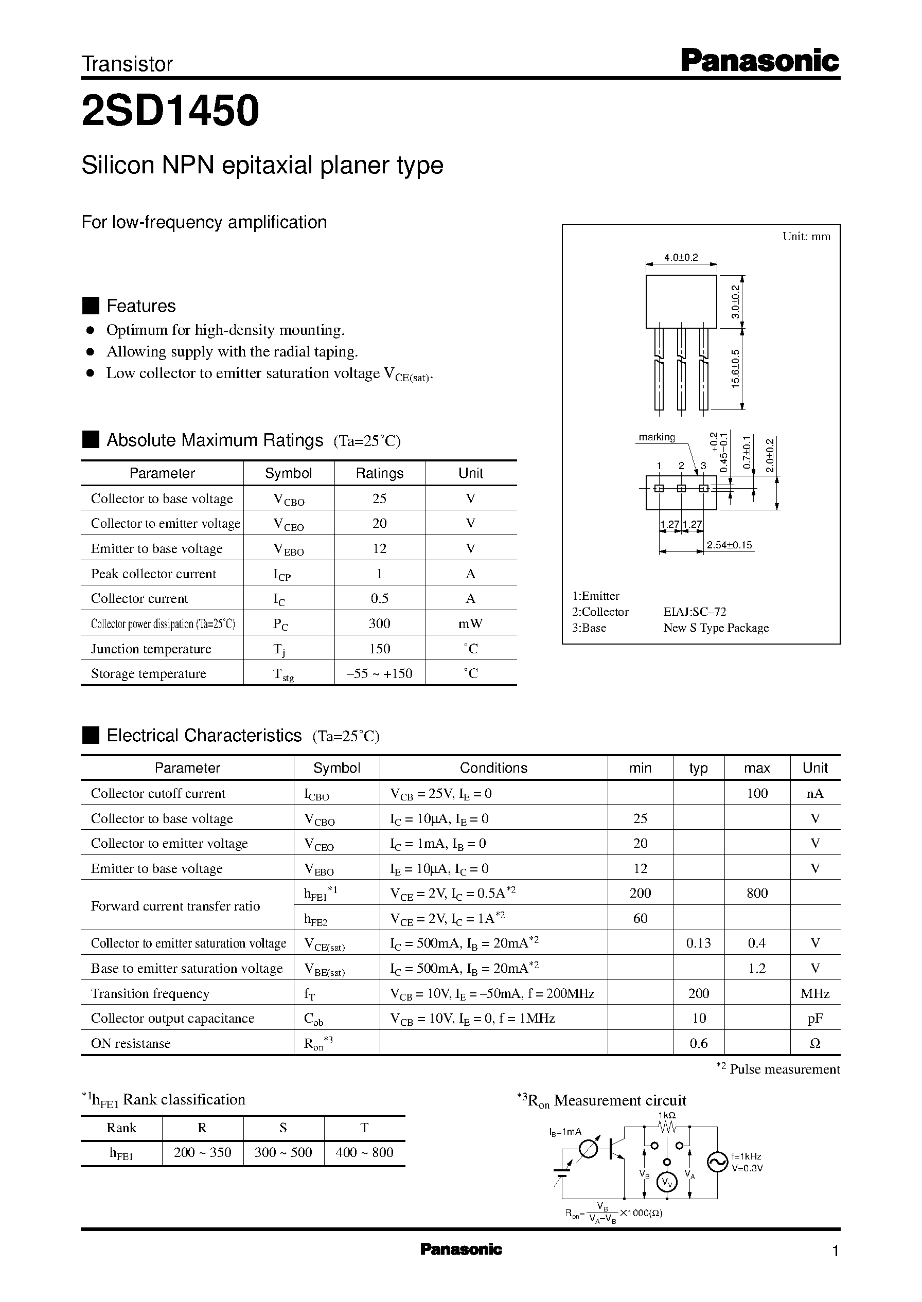 Datasheet 2SD1450 - Silicon NPN epitaxial planer type(For low-frequency amplification) page 1