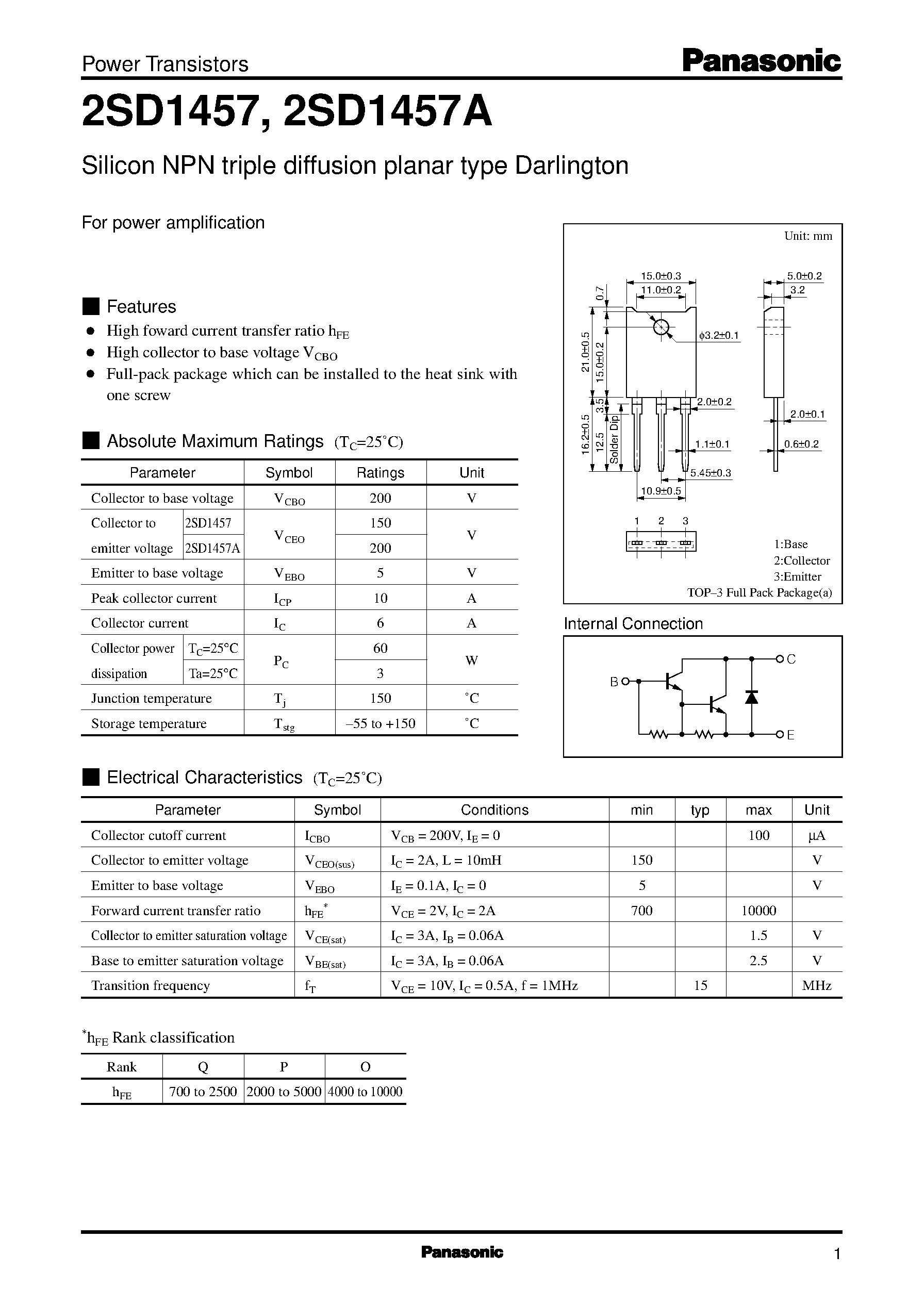Datasheet 2SD1457A - Silicon NPN triple diffusion planar type Darlington(For power amplification) page 1