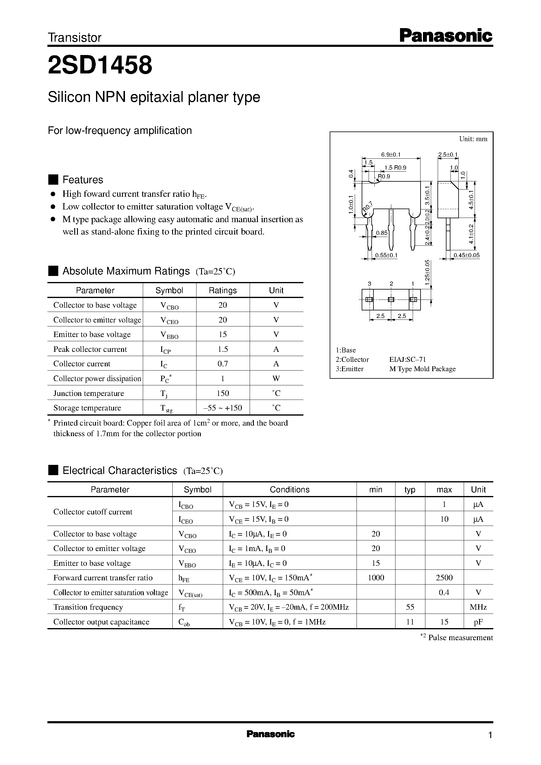 Datasheet 2SD1458 - Silicon NPN epitaxial planer type(For low-frequency amplification) page 1