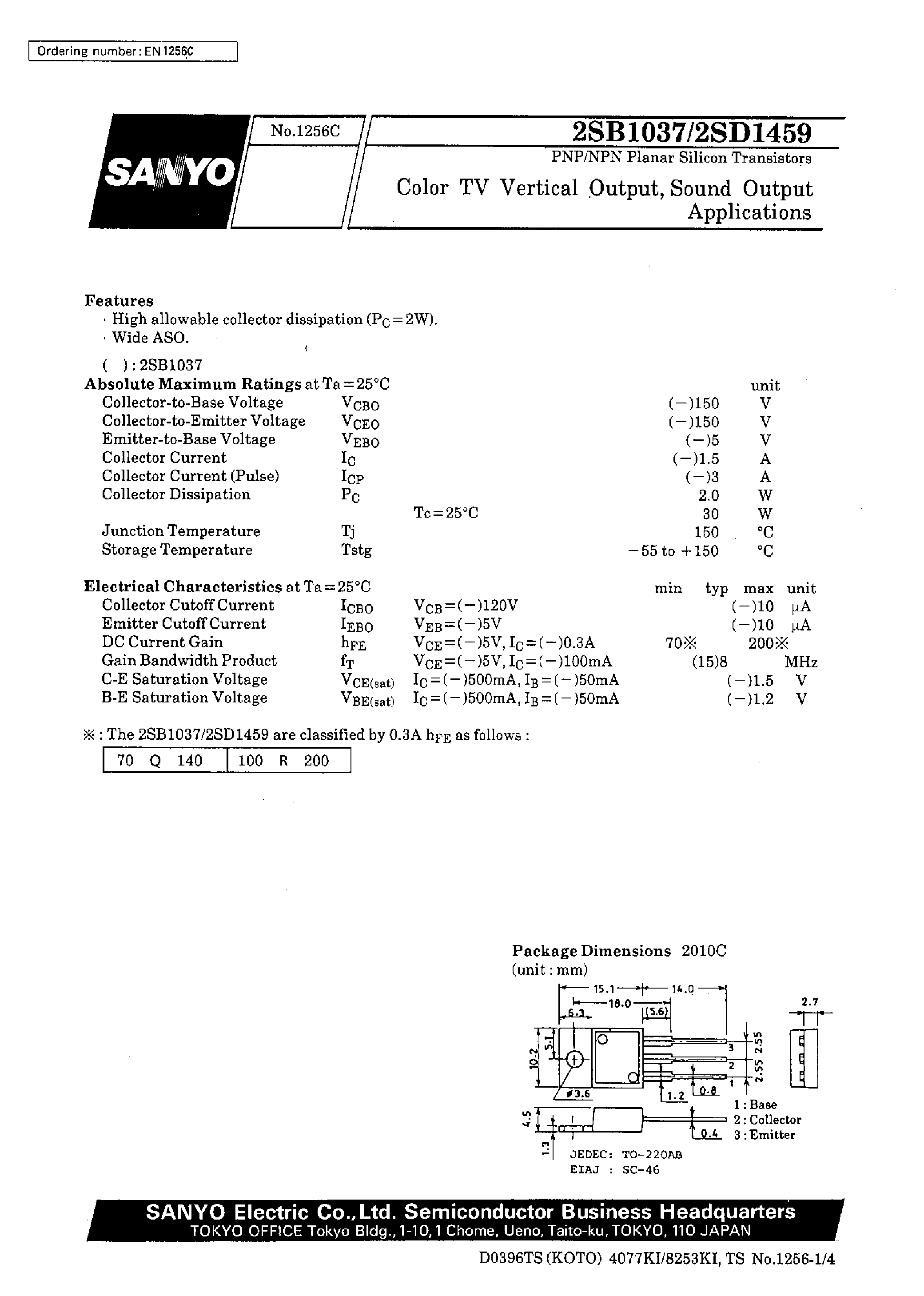 Datasheet 2SD1459 page 1 Datasheet 2SD1459 - Color TV Vertical Output/ Sound Output Applications page 1