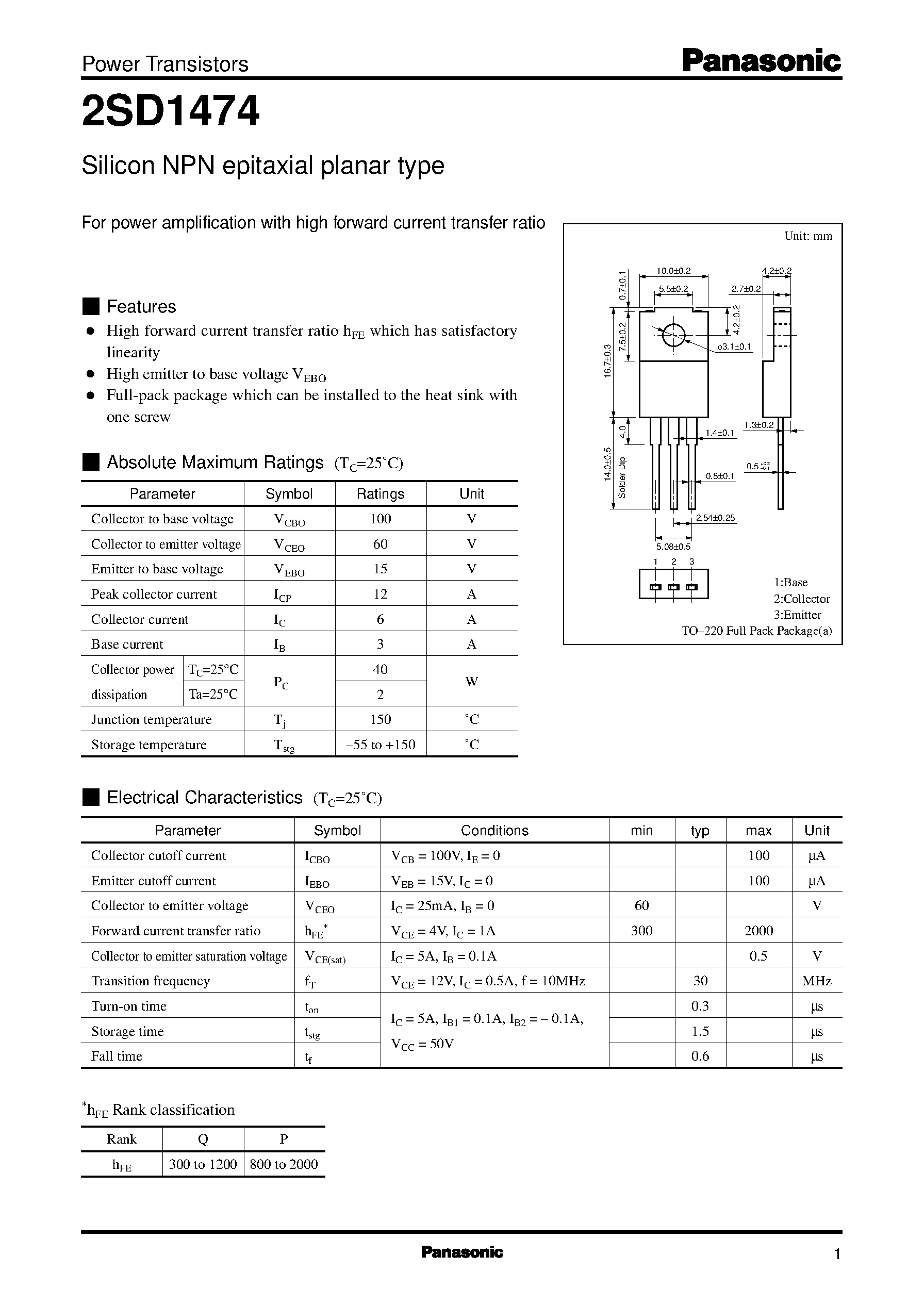 Datasheet 2SD1474 - Silicon NPN epitaxial planar type(For power amplification with high forward current transfer ratio) page 1