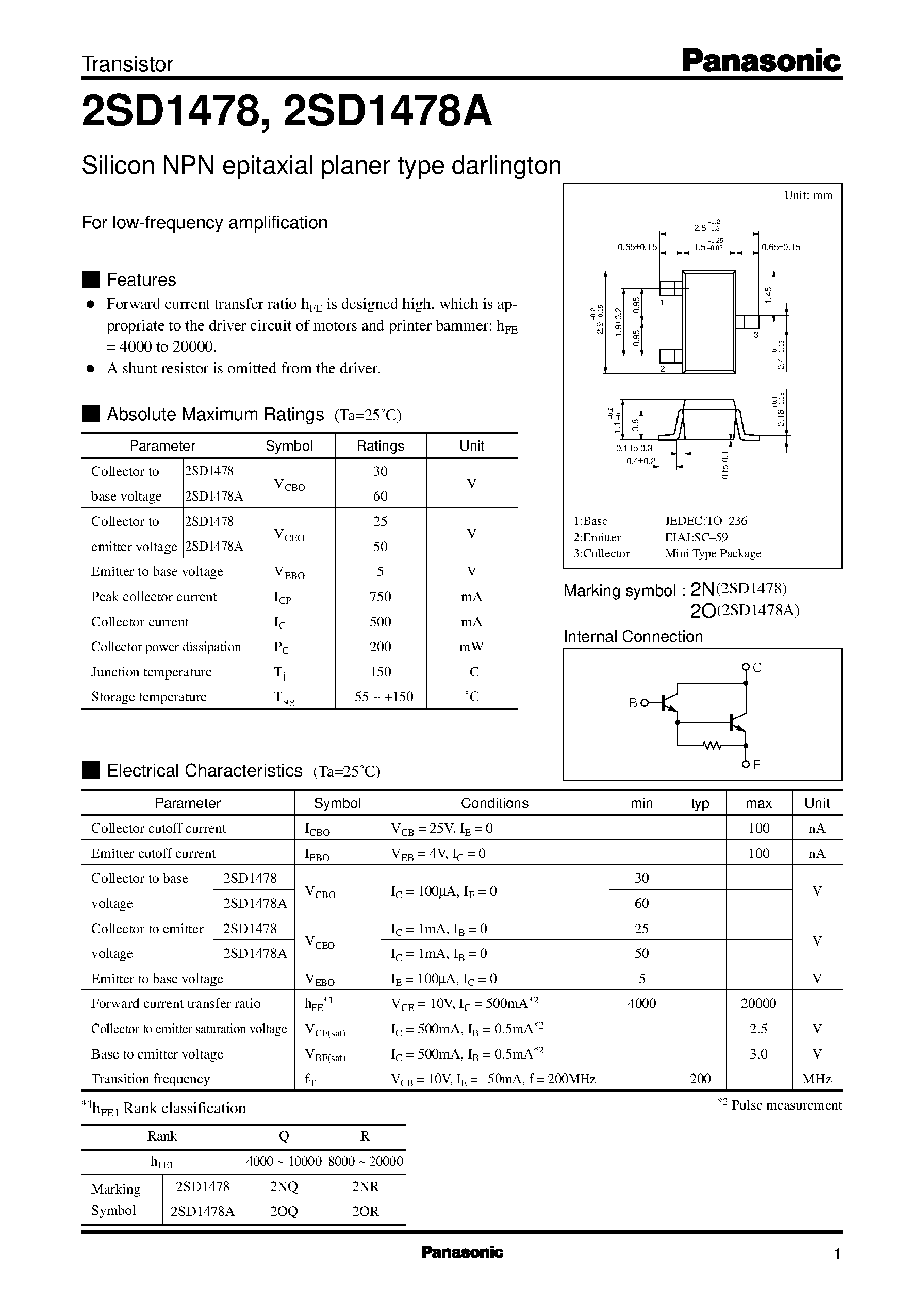 Datasheet 2SD1478A - Silicon NPN epitaxial planer type darlington(For low-frequency amplification) page 1