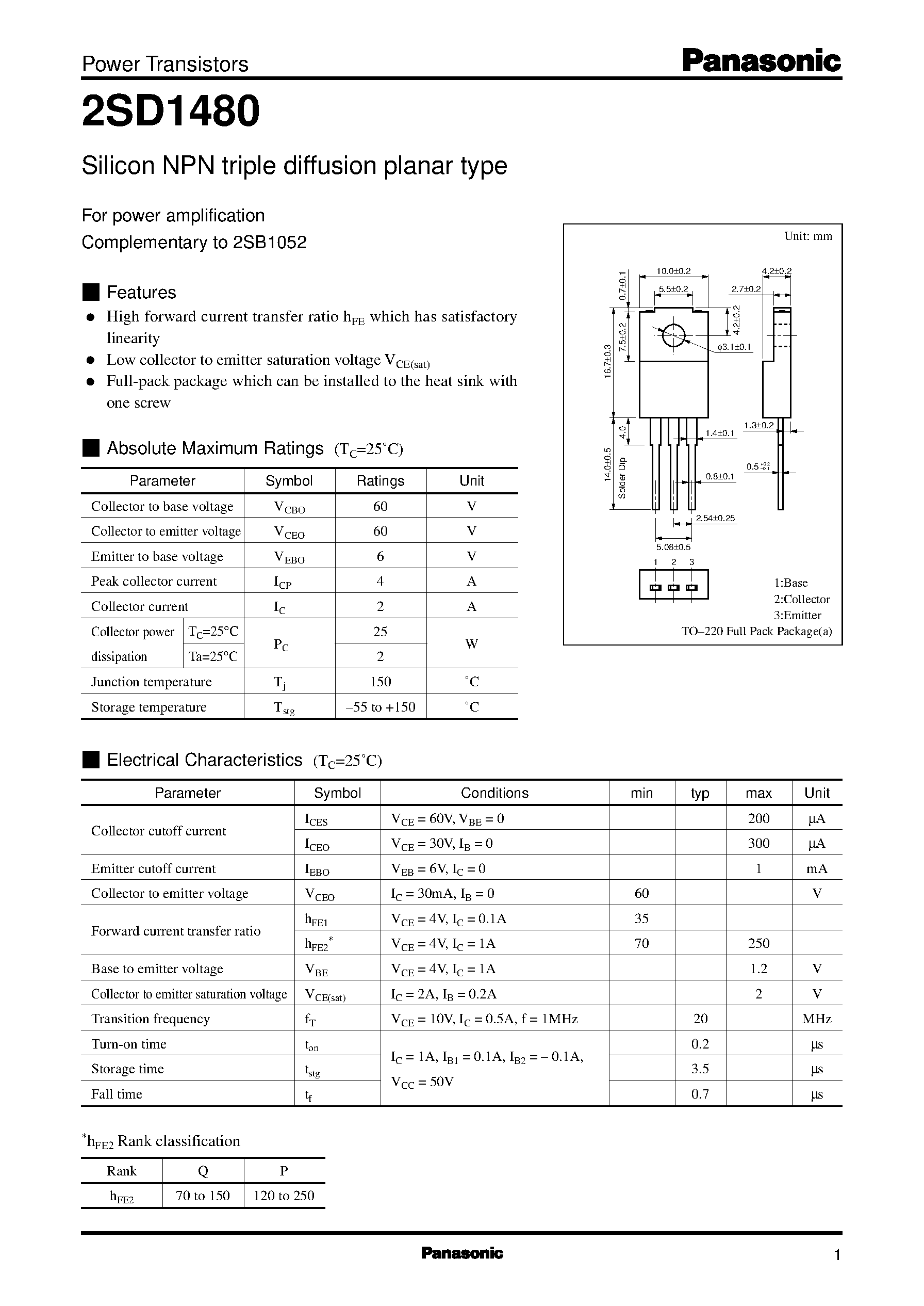 Datasheet 2SD1480 - Silicon NPN triple diffusion planar type(For power amplification) page 1