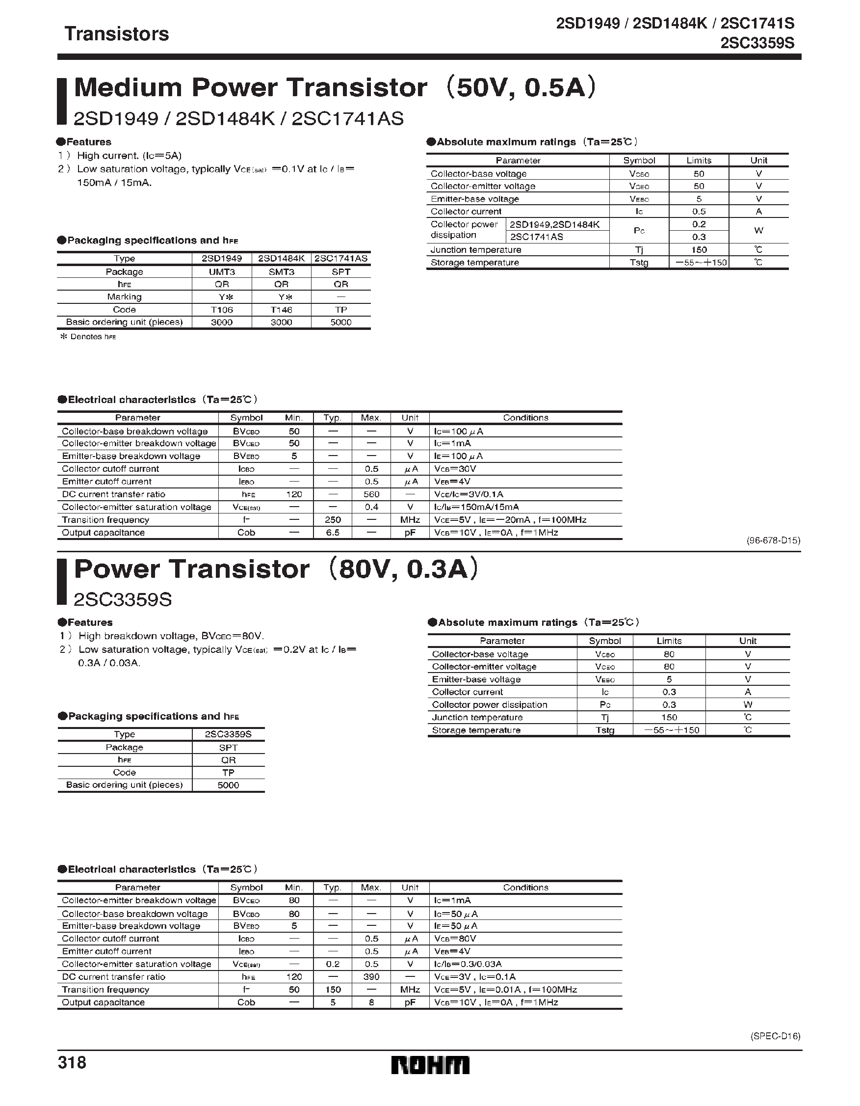 Datasheet 2SD1484K - Medium Power Transistor (50V/ 0.5A) page 1