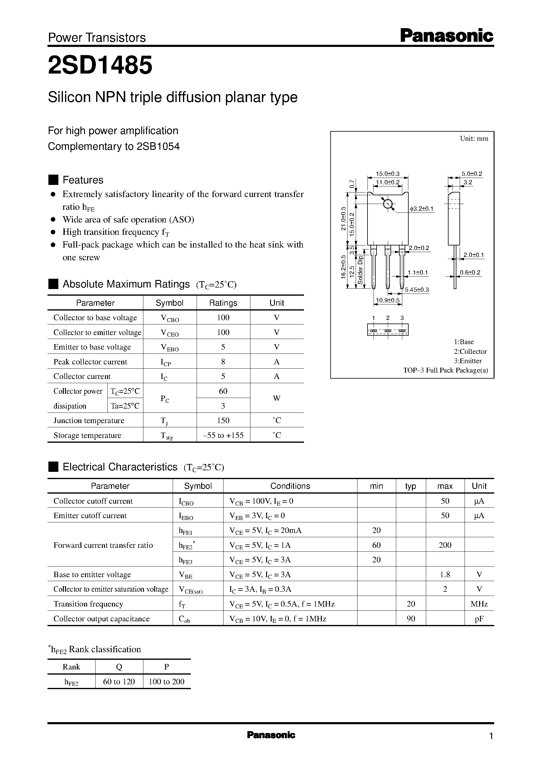 Datasheet 2SD1485 - Silicon NPN triple diffusion planar type(For high power amplification) page 1