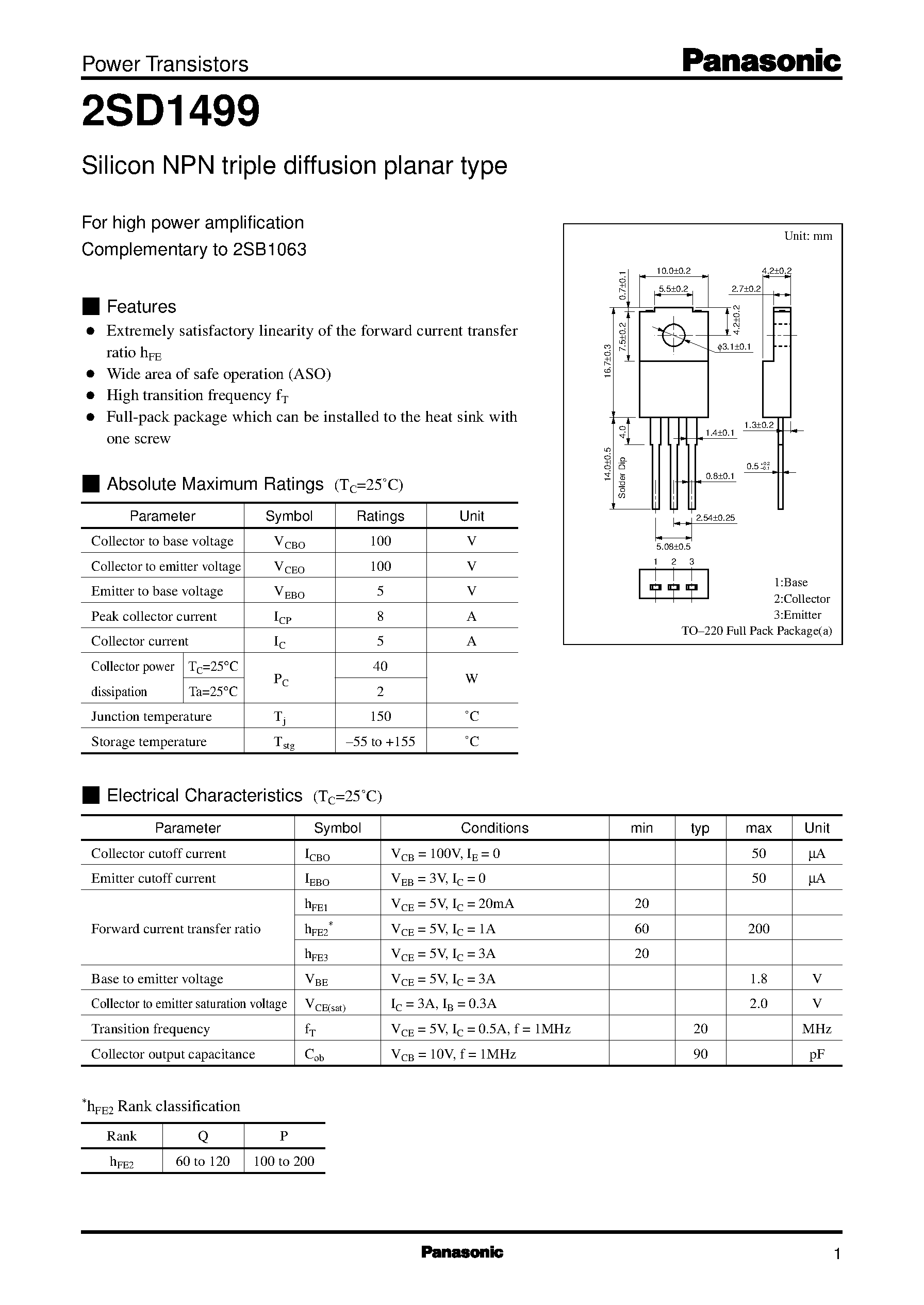 Datasheet 2SD1499 - Silicon NPN triple diffusion planar type(For high power amplification) page 1