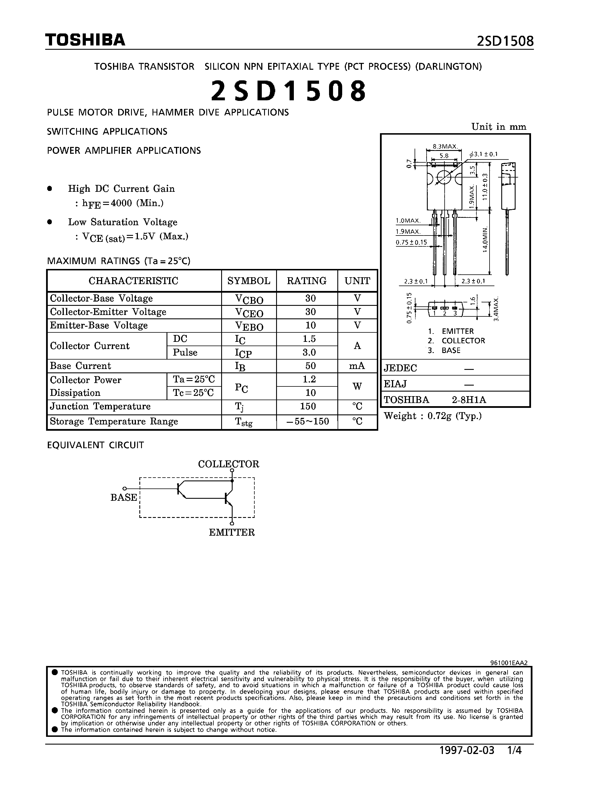 Datasheet 2SD1508 - NPN EPITAXIAL TYPE (PULSE MOTOR DRIVE/ HAMMER DRIVE/ SWITCHING/ POWER AMPLIFIER APPLICATIONS) page 1
