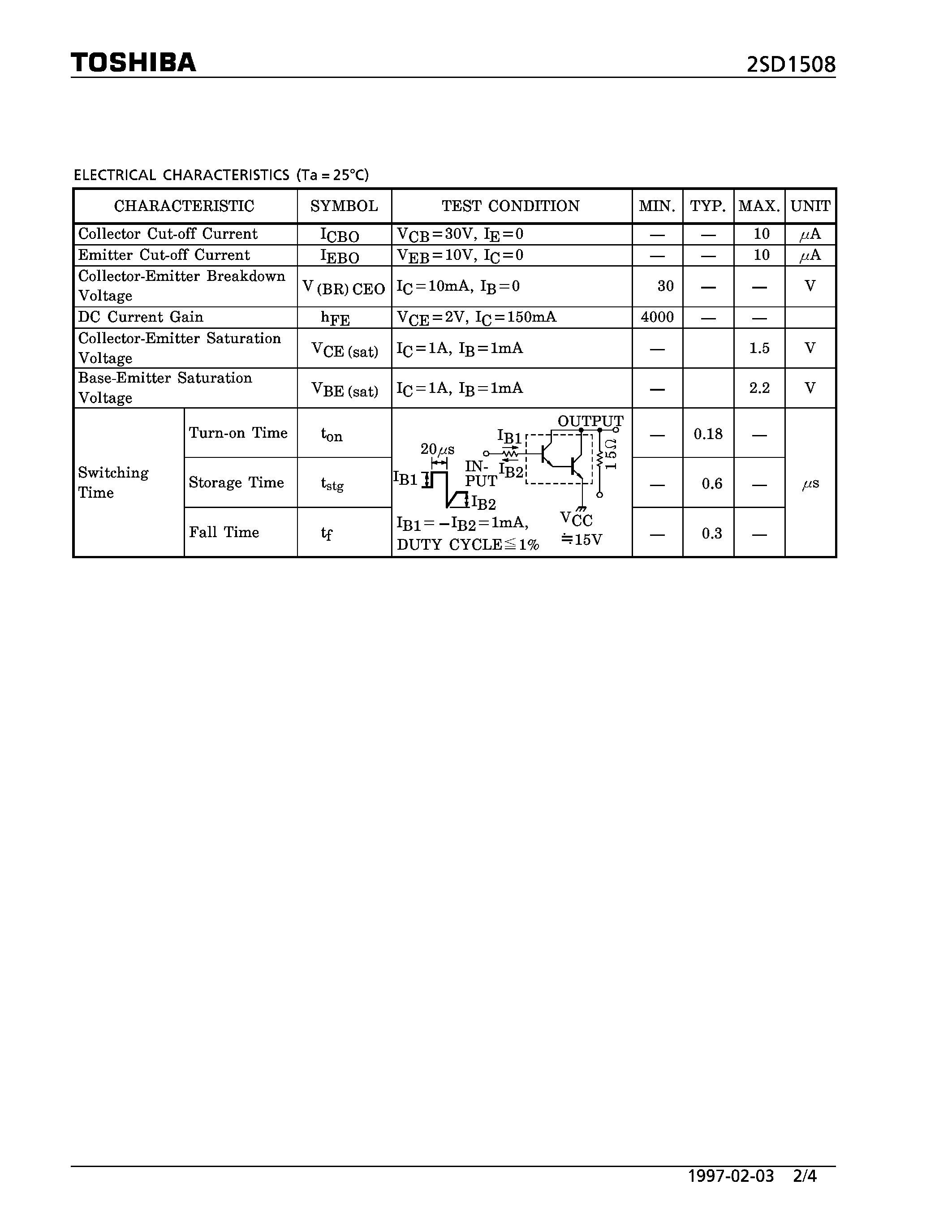 Datasheet 2SD1508 - NPN EPITAXIAL TYPE (PULSE MOTOR DRIVE/ HAMMER DRIVE/ SWITCHING/ POWER AMPLIFIER APPLICATIONS) page 2