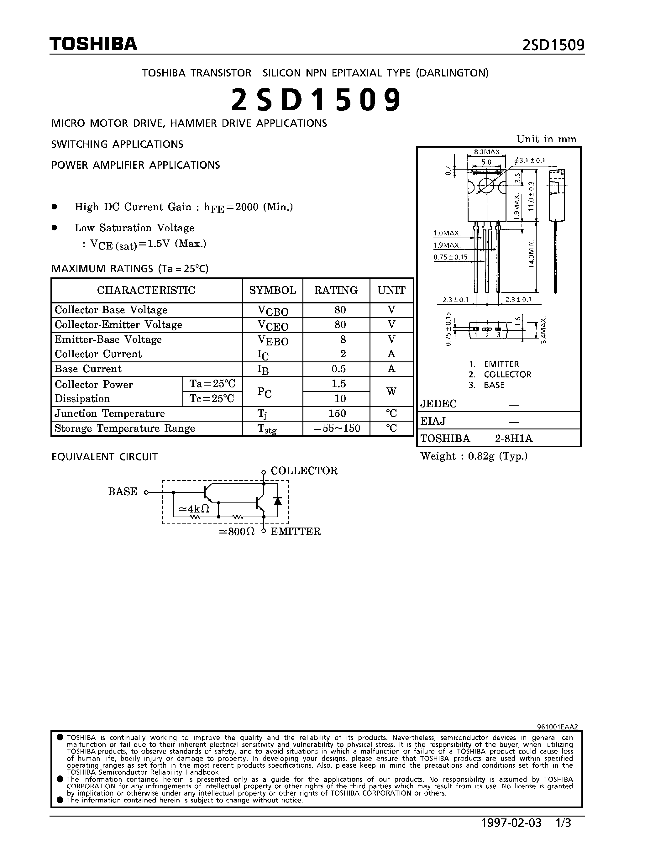 Datasheet 2SD1509 - NPN EPITAXIAL TYPE (MICRO MOTOR DRIVE/ HAMMER DRIVE/ SWITCHING/ POWER AMPLIFIER APPLICATIONS) page 1