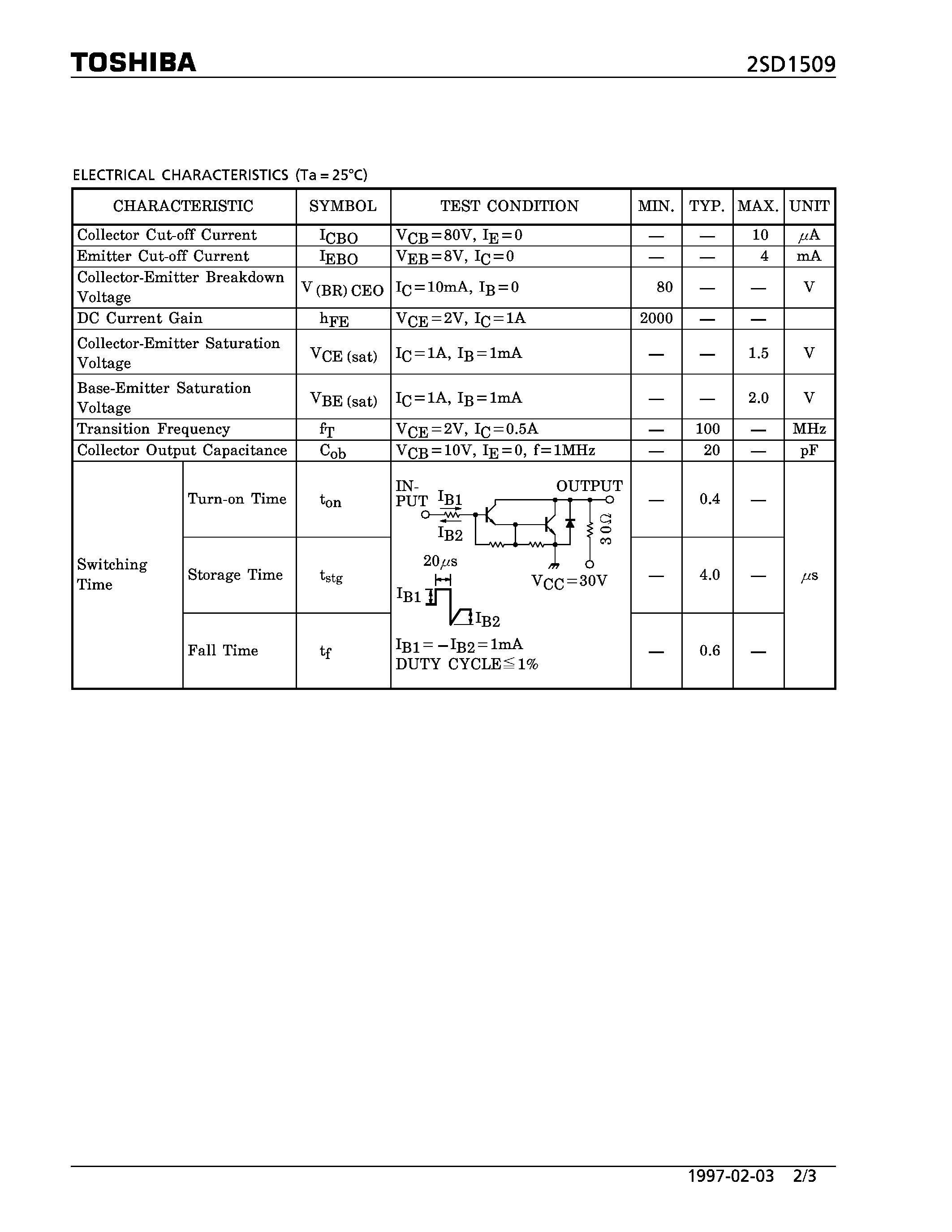 Datasheet 2SD1509 - NPN EPITAXIAL TYPE (MICRO MOTOR DRIVE/ HAMMER DRIVE/ SWITCHING/ POWER AMPLIFIER APPLICATIONS) page 2