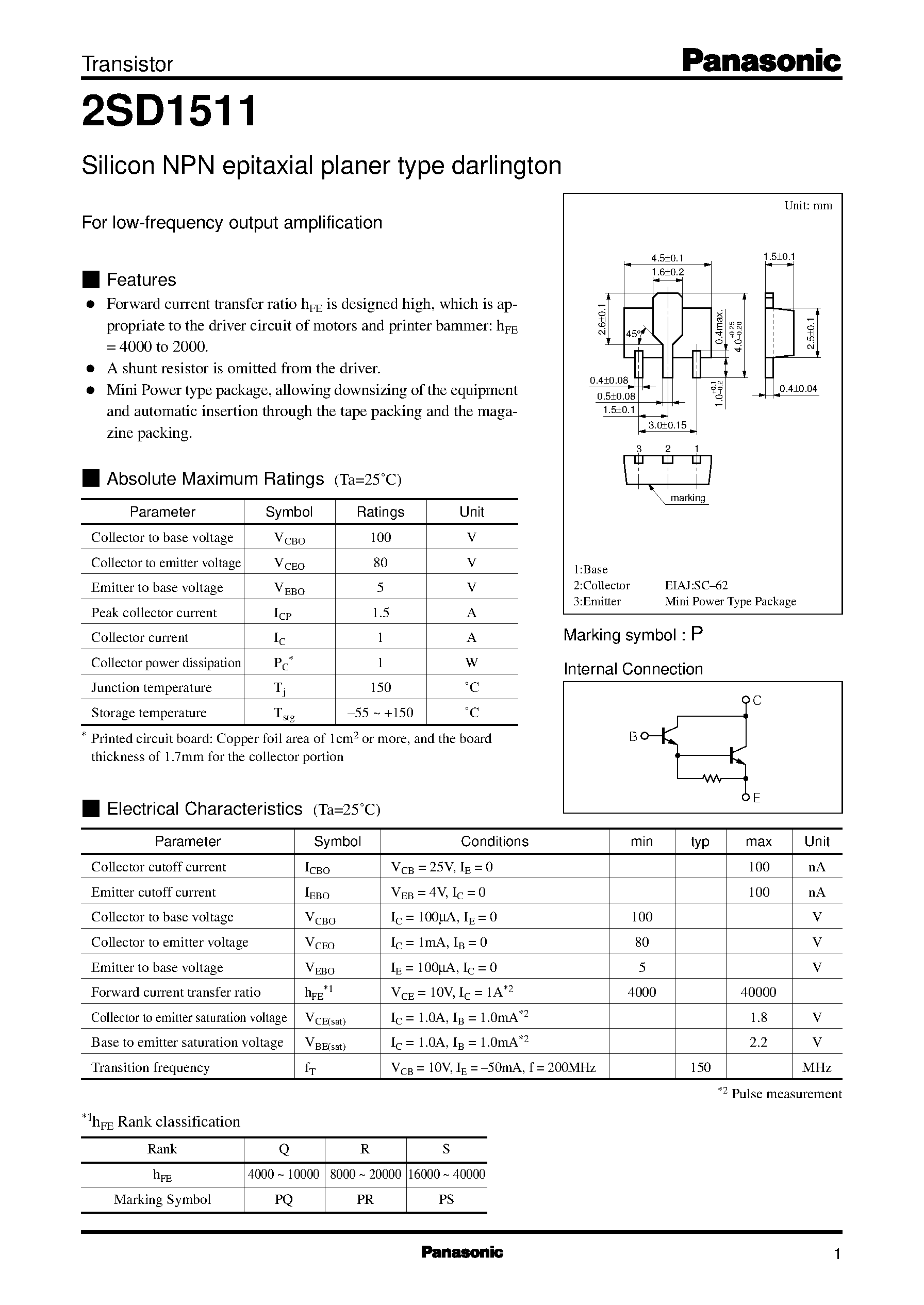 Datasheet 2SD1511 - Silicon NPN epitaxial planer type darlington(For low-frequency output amplification) page 1