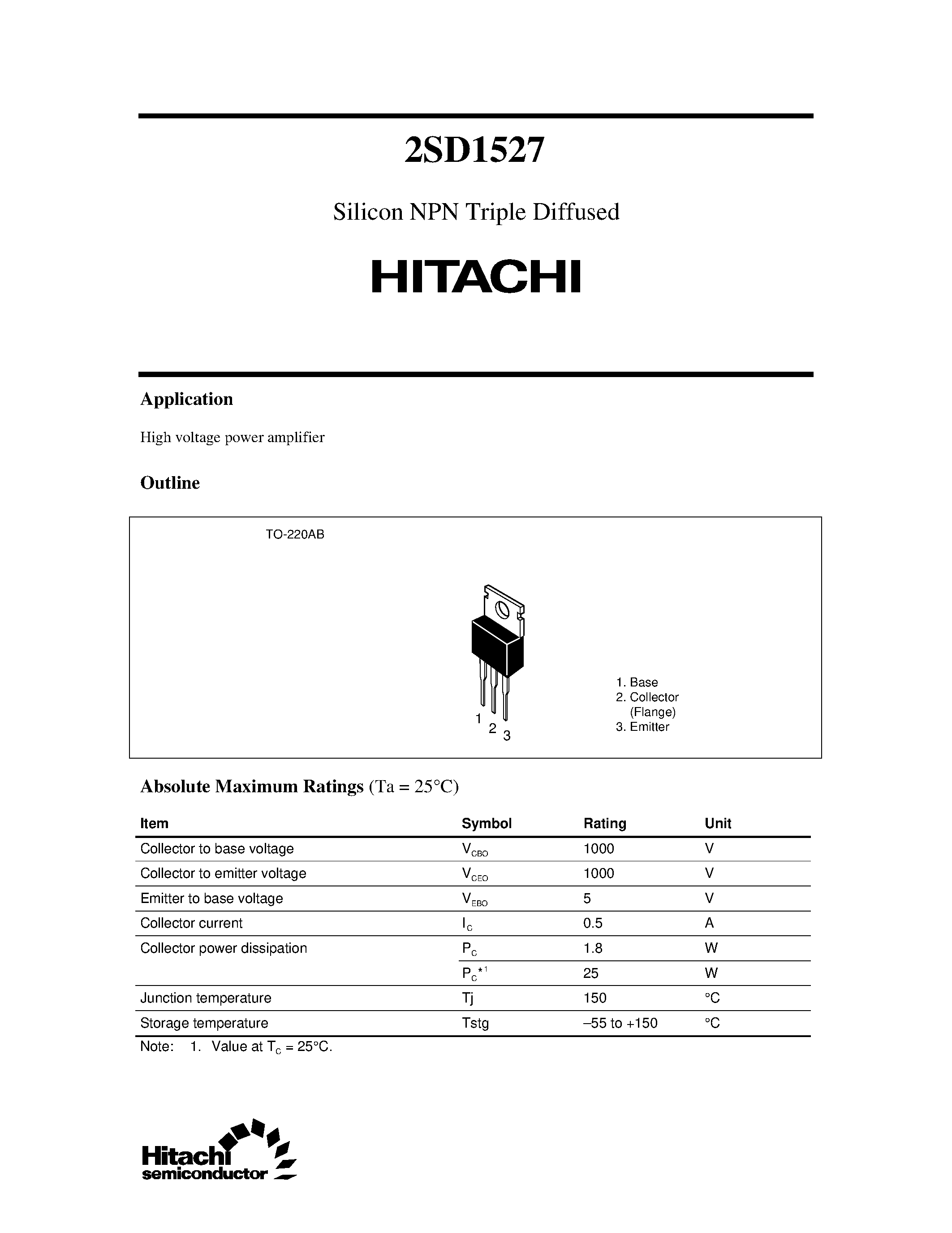 Datasheet 2SD1527 - Silicon NPN Triple Diffused page 1