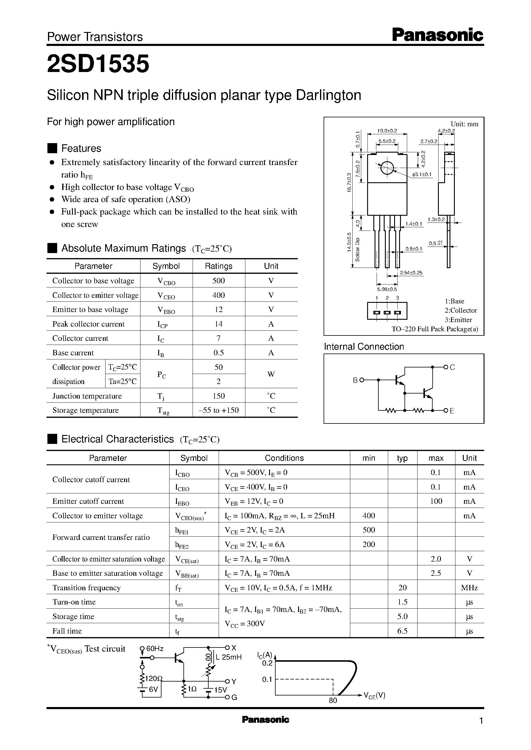 Datasheet 2SD1535 - Silicon NPN triple diffusion planar type Darlington(For high power amplification) page 1