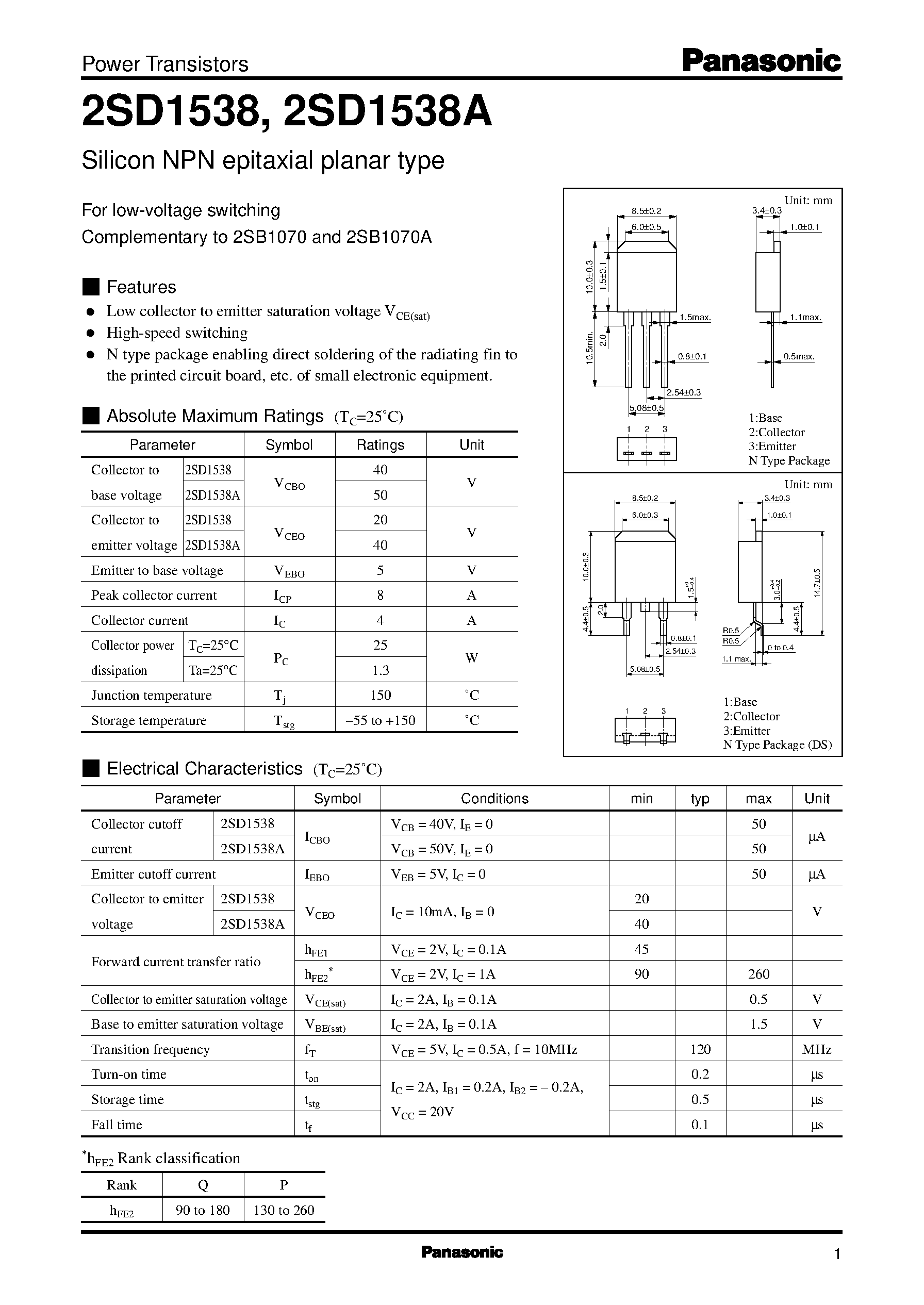 Datasheet 2SD1538A - Silicon NPN epitaxial planar type(For low-voltage switching) page 1
