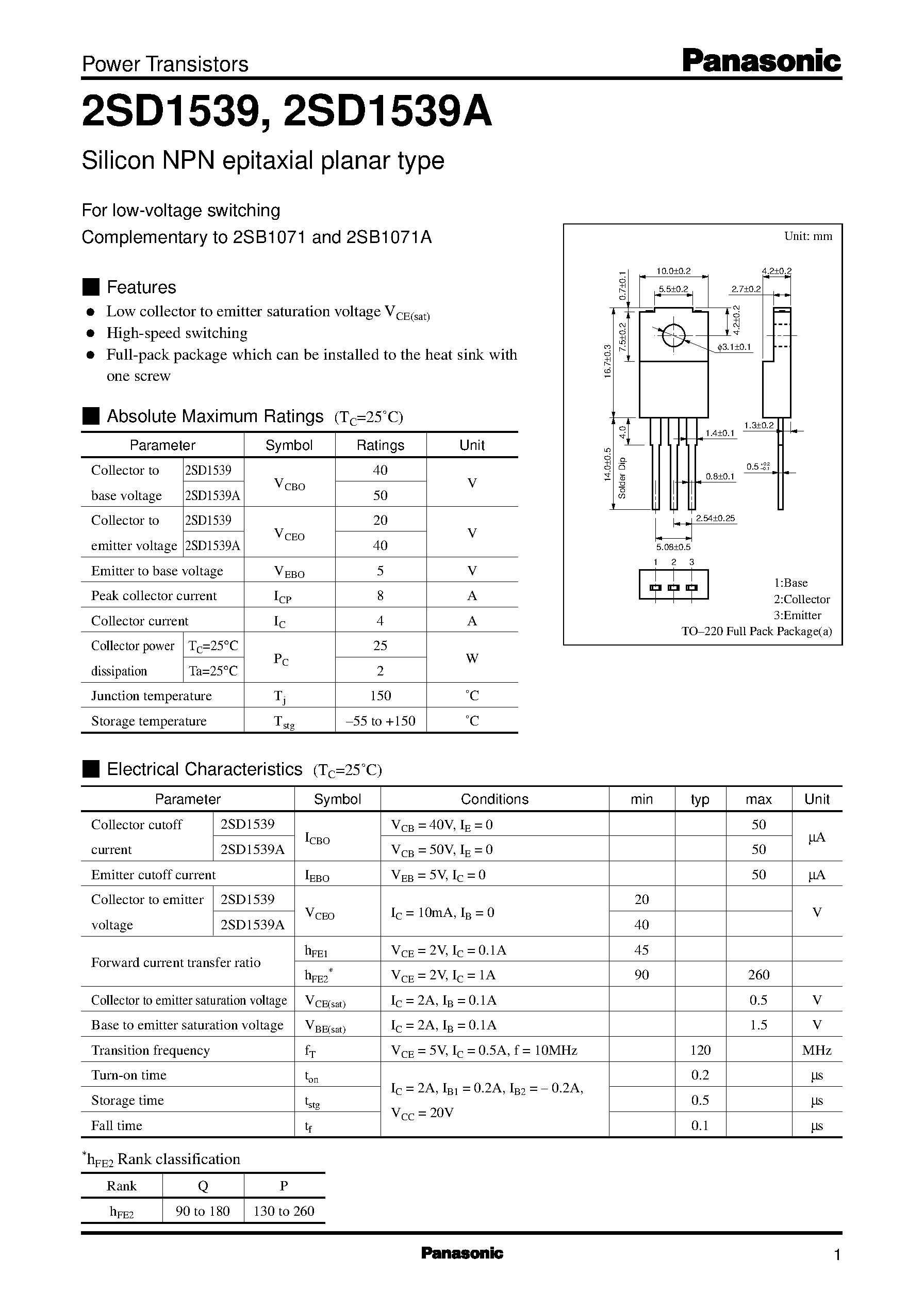 Datasheet 2SD1539A - Silicon NPN epitaxial planar type(For low-voltage switching) page 1