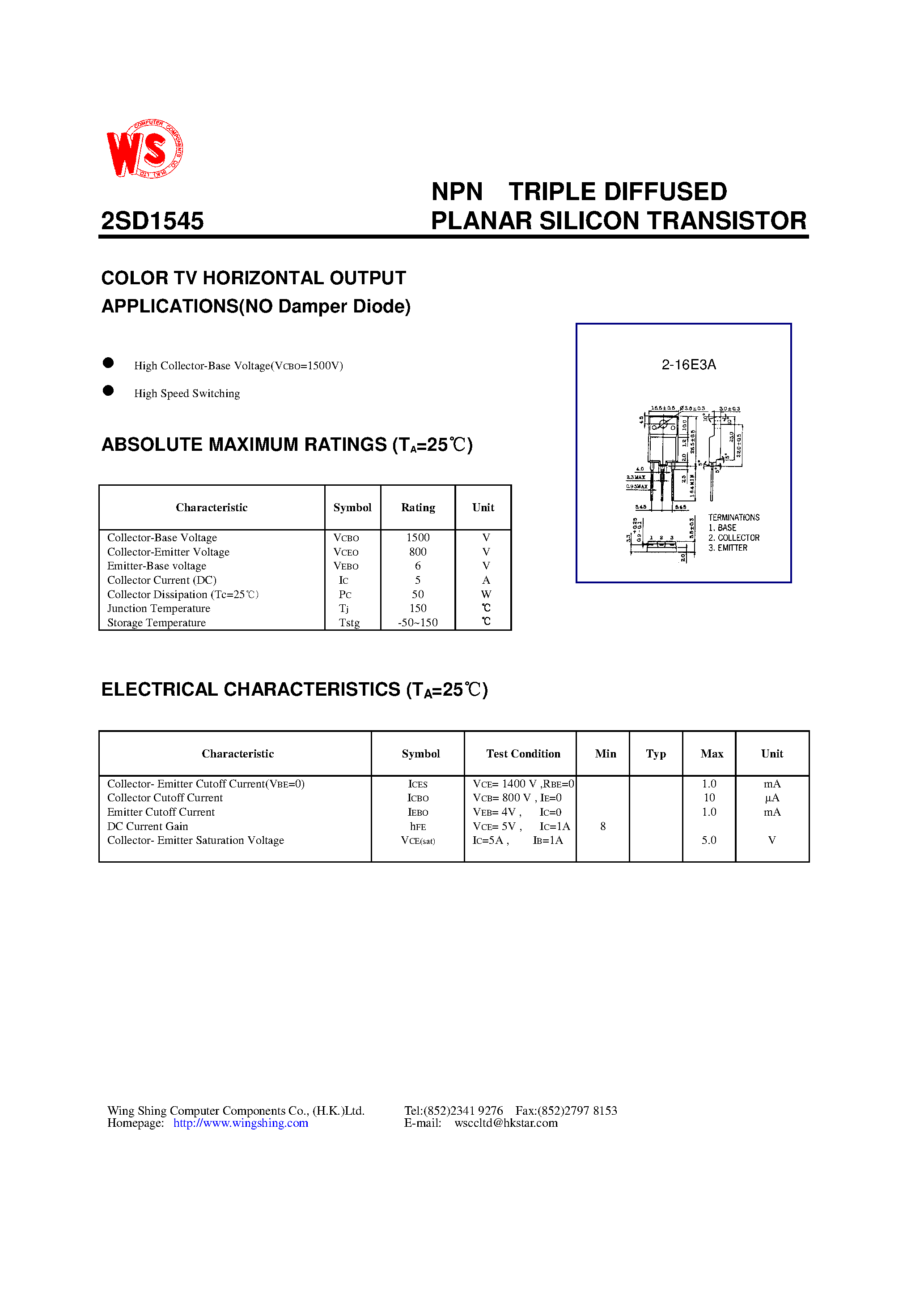 Datasheet 2SD1545 - NPN TRIPLE DIFFUSED PLANAR SILICON TRANSISTOR(COLOR TV HORIZONTAL OUTPUT APPLICATIONS) page 1