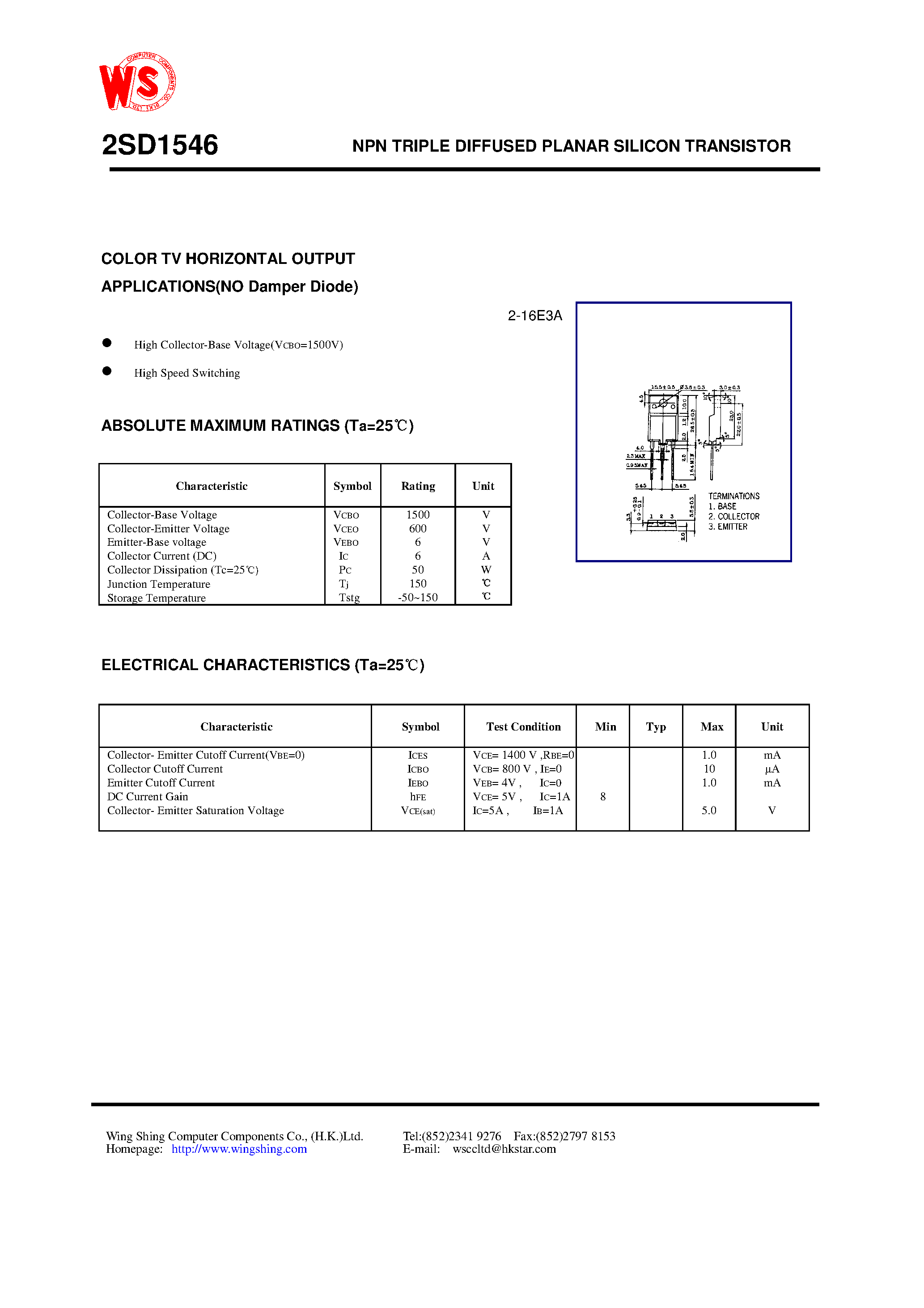 Datasheet 2SD1546 - NPN TRIPLE DIFFUSED PLANAR SILICON TRANSISTOR(COLOR TV HORIZONTAL OUTPUT APPLICATIONS) page 1