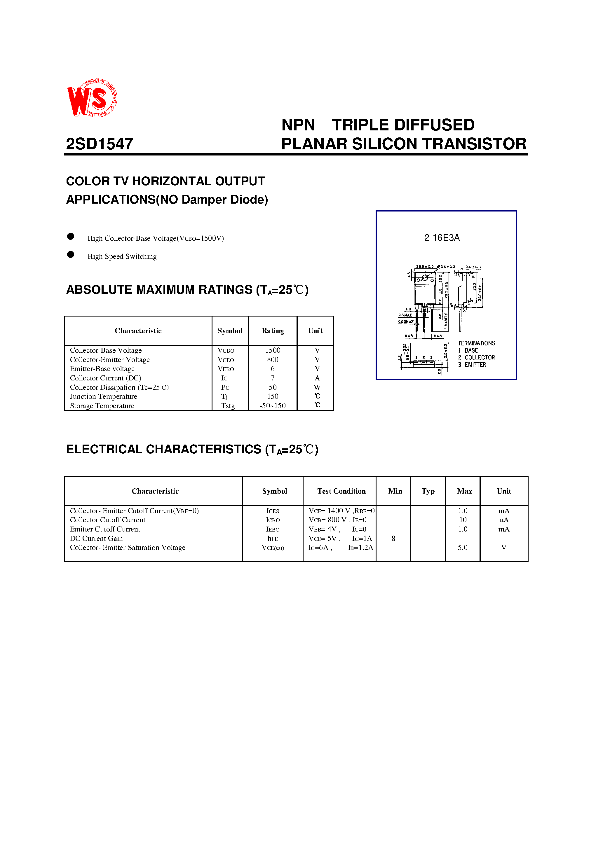 Datasheet 2SD1547 - NPN TRIPLE DIFFUSED PLANAR SILICON TRANSISTOR(COLOR TV HORIZONTAL OUTPUT APPLICATIONS) page 1