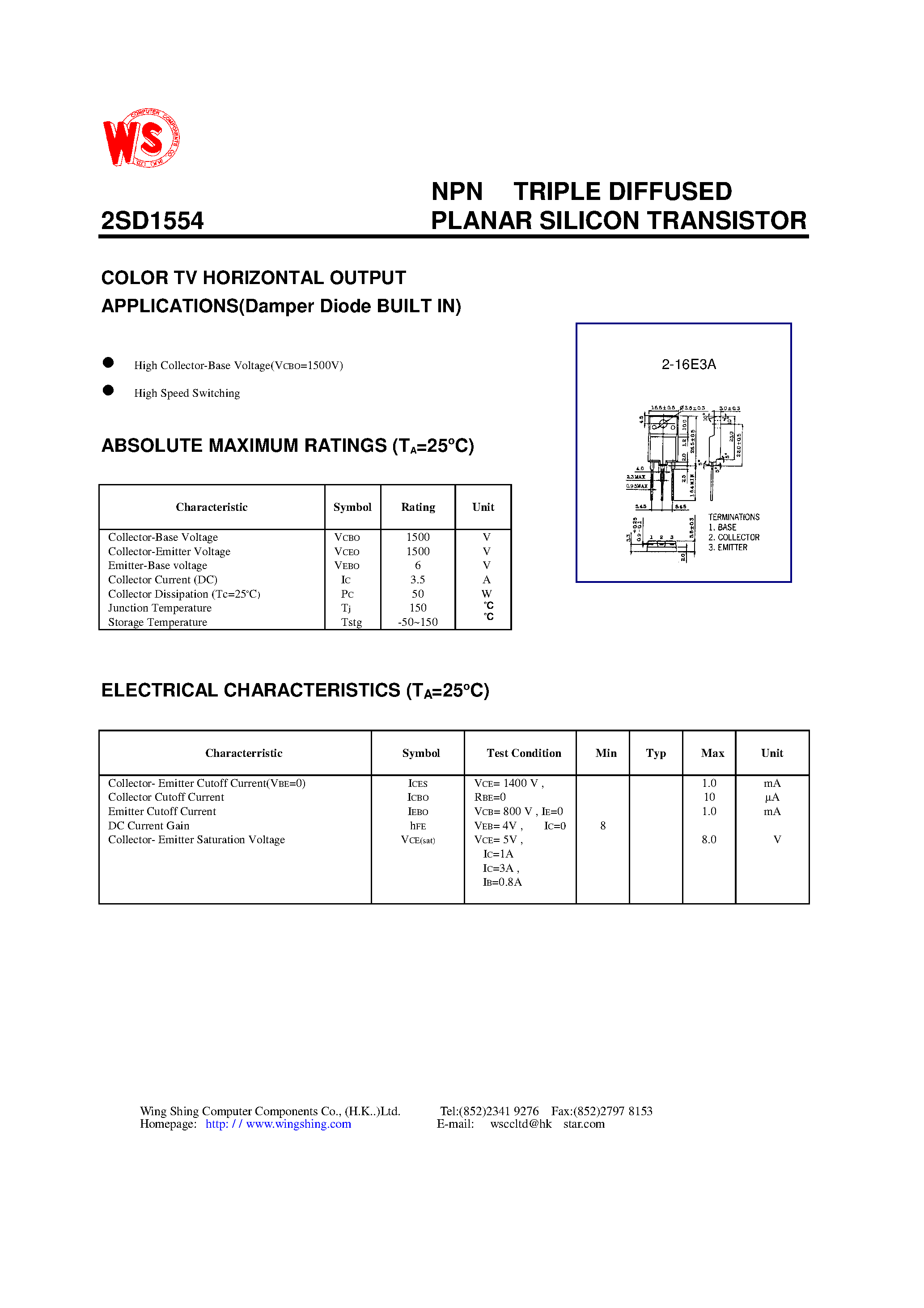 Datasheet 2SD1554 - NPN TRIPLE DIFFUSED PLANAR SILICON TRANSISTOR(COLOR TV HORIZONTAL OUTPUT APPLICATIONS) page 1