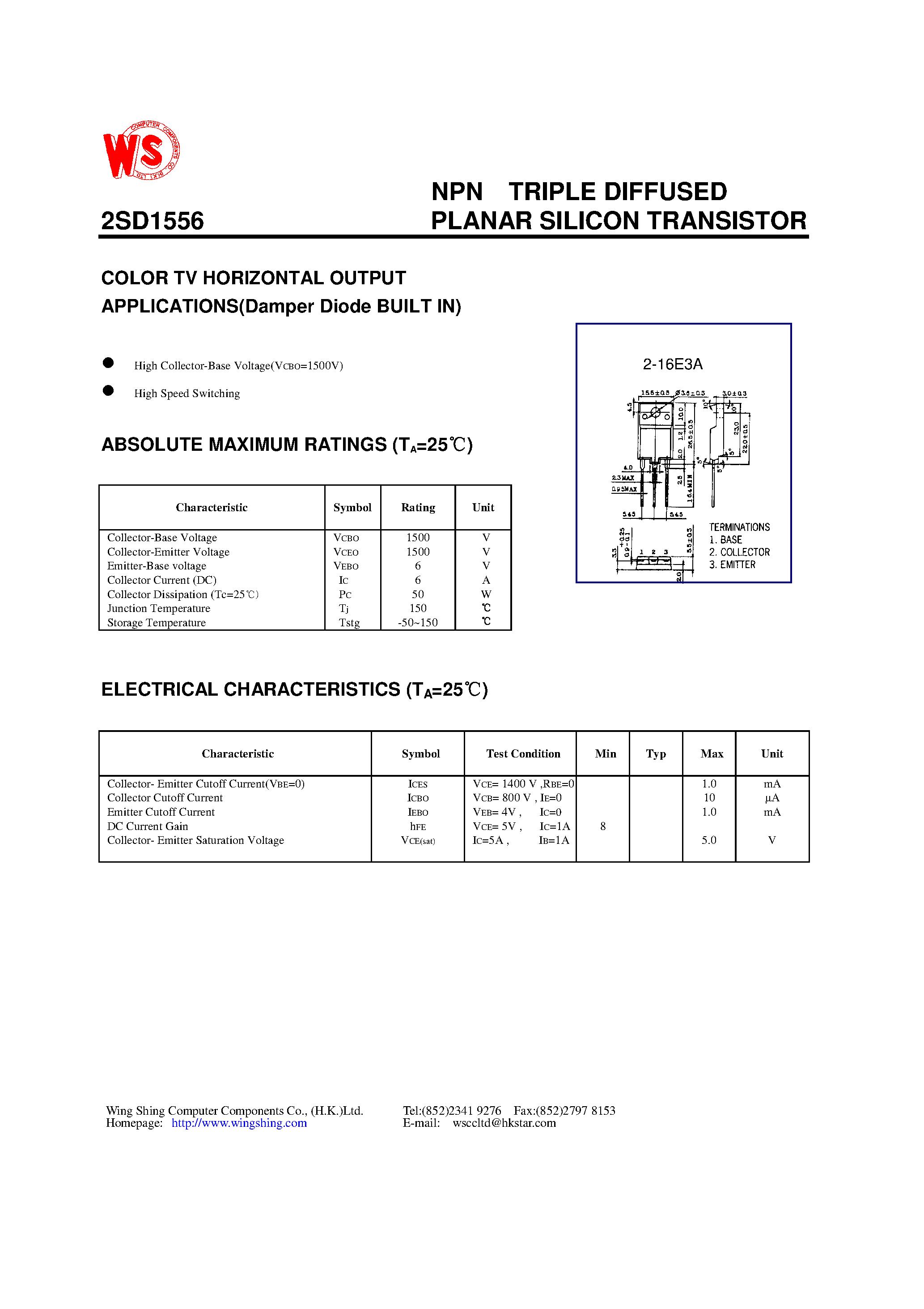 Datasheet 2SD1556 - NPN TRIPLE DIFFUSED PLANAR SILICON TRANSISTOR(COLOR TV HORIZONTAL OUTPUT APPLICATIONS) page 1
