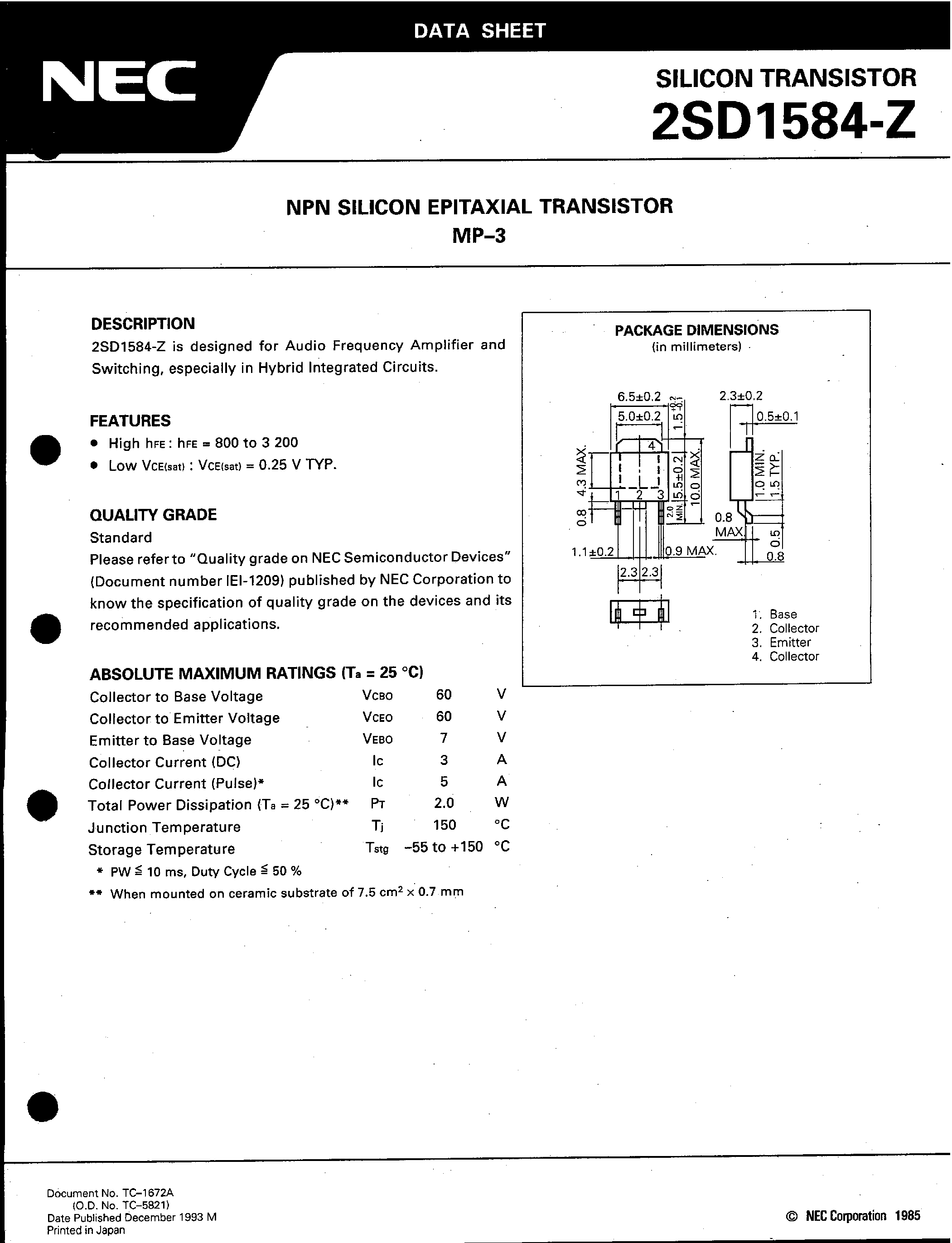 Datasheet 2SD1584-Z page 1 Datasheet 2SD1584-Z - NPN SILICON EPITAXIAL TRANSISTOR MP-3 page 1